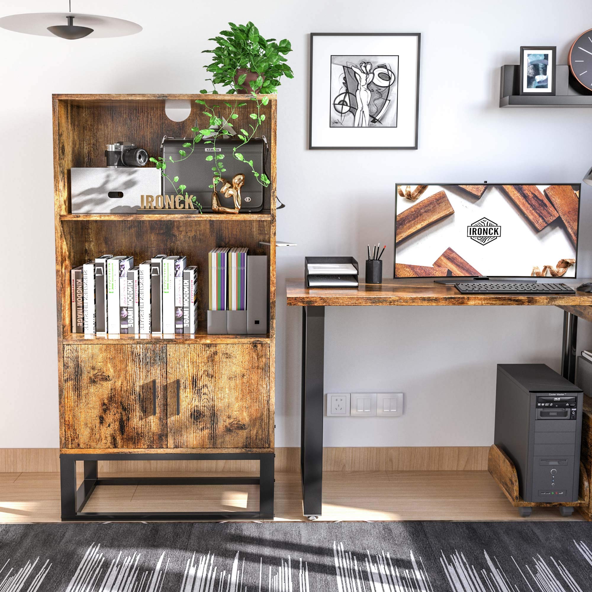 IRONCK Industrial Bookcase with Doors, Small Wood Bookcases and