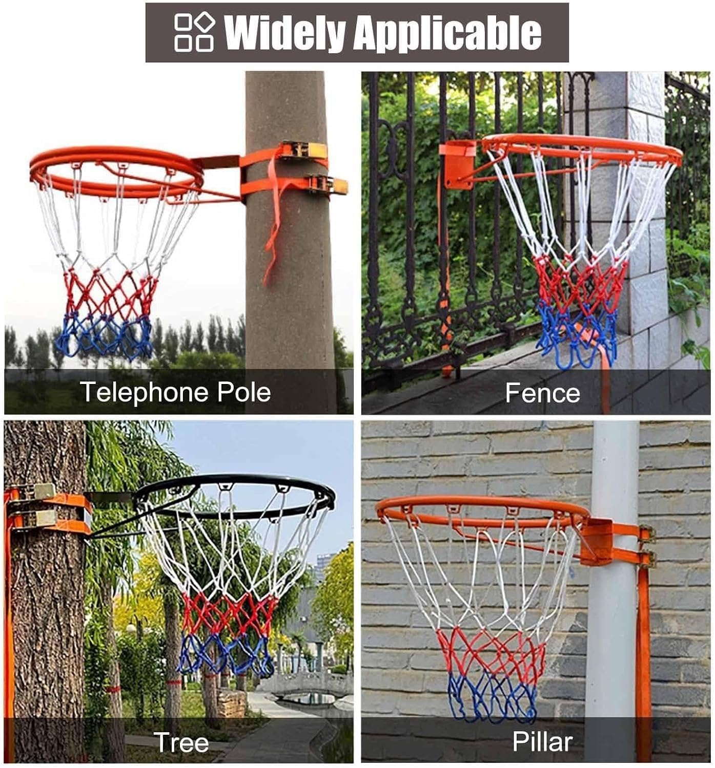 Aro de Baloncesto portátil for Exteriores, Borde de Metal de Doble Anillo de 18 Pulgadas con Red de Nailon y Correas Ajustables, for Todas Las Edades, Poste de árbol de fácil