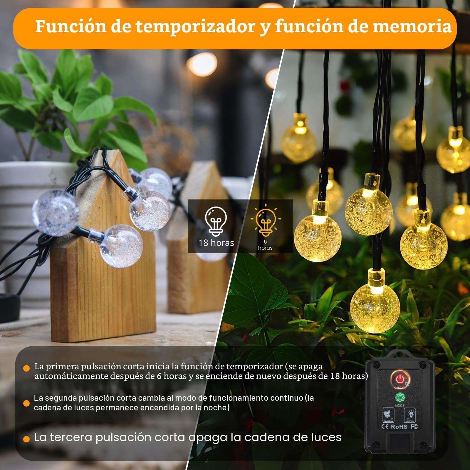 Realky Guirnaldas Luces Exterior Solar, 100 LED 18M Guirnalda Luces Solares con Función de Memoria, 8 Modos IP65 Impermeable Cadena de Luz Solar para Jardín, Patio, Navidad, Fiesta - Blanco Cálido