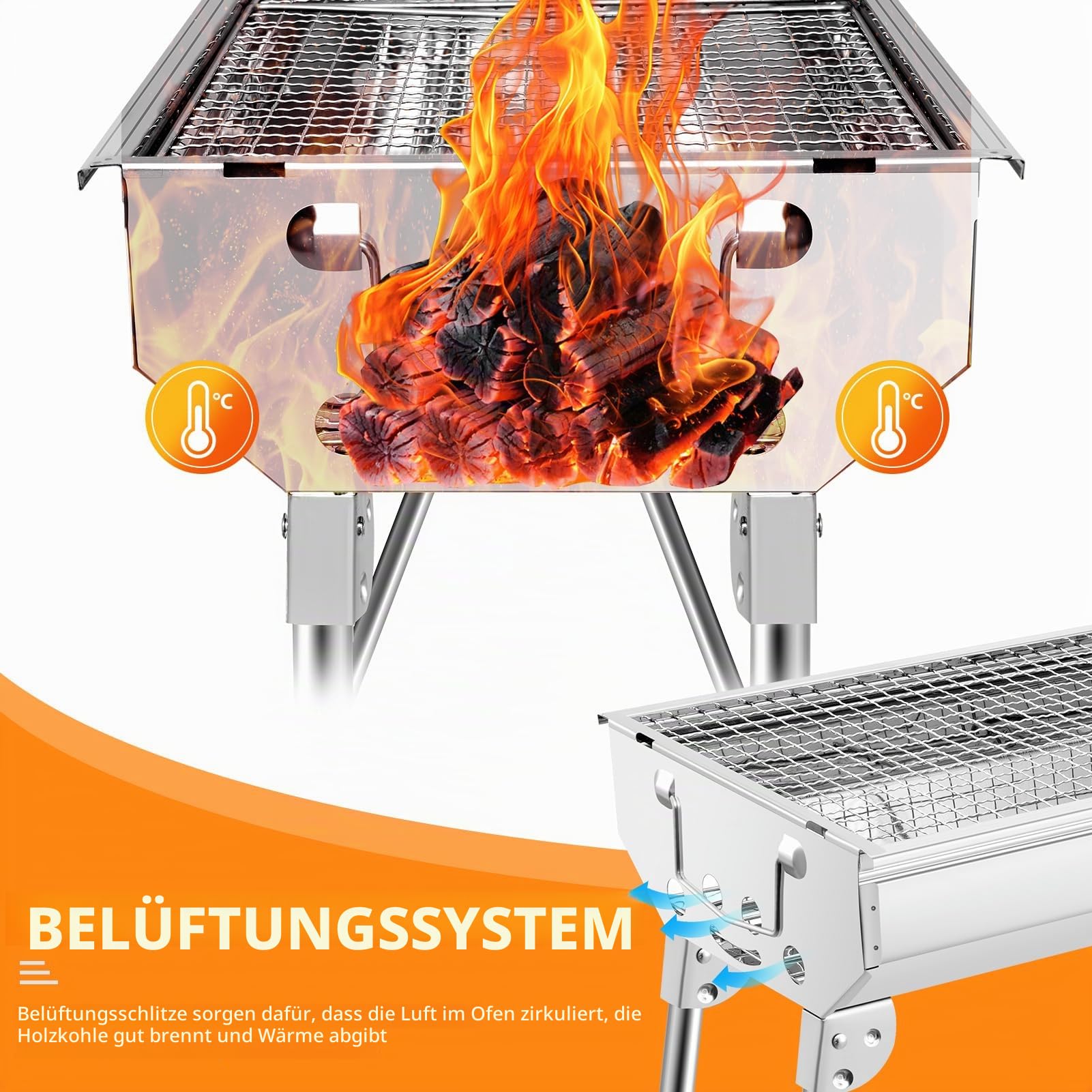 XXL Holzkohlegrill,Tragbarer Kohlegrill, Klappgrill Edelstahl BBQ