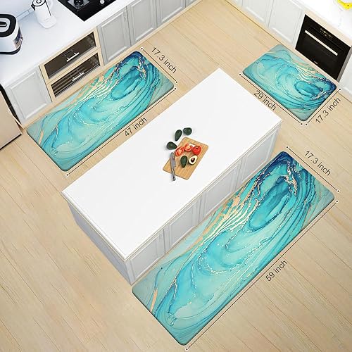 Miniatura 9 de MAYHMYO Juego de 2 alfombras y tapetes de cocina verde azulado mármol dorado antifatiga, PVC antideslizante, espuma turquesa, acolchada, para piso,