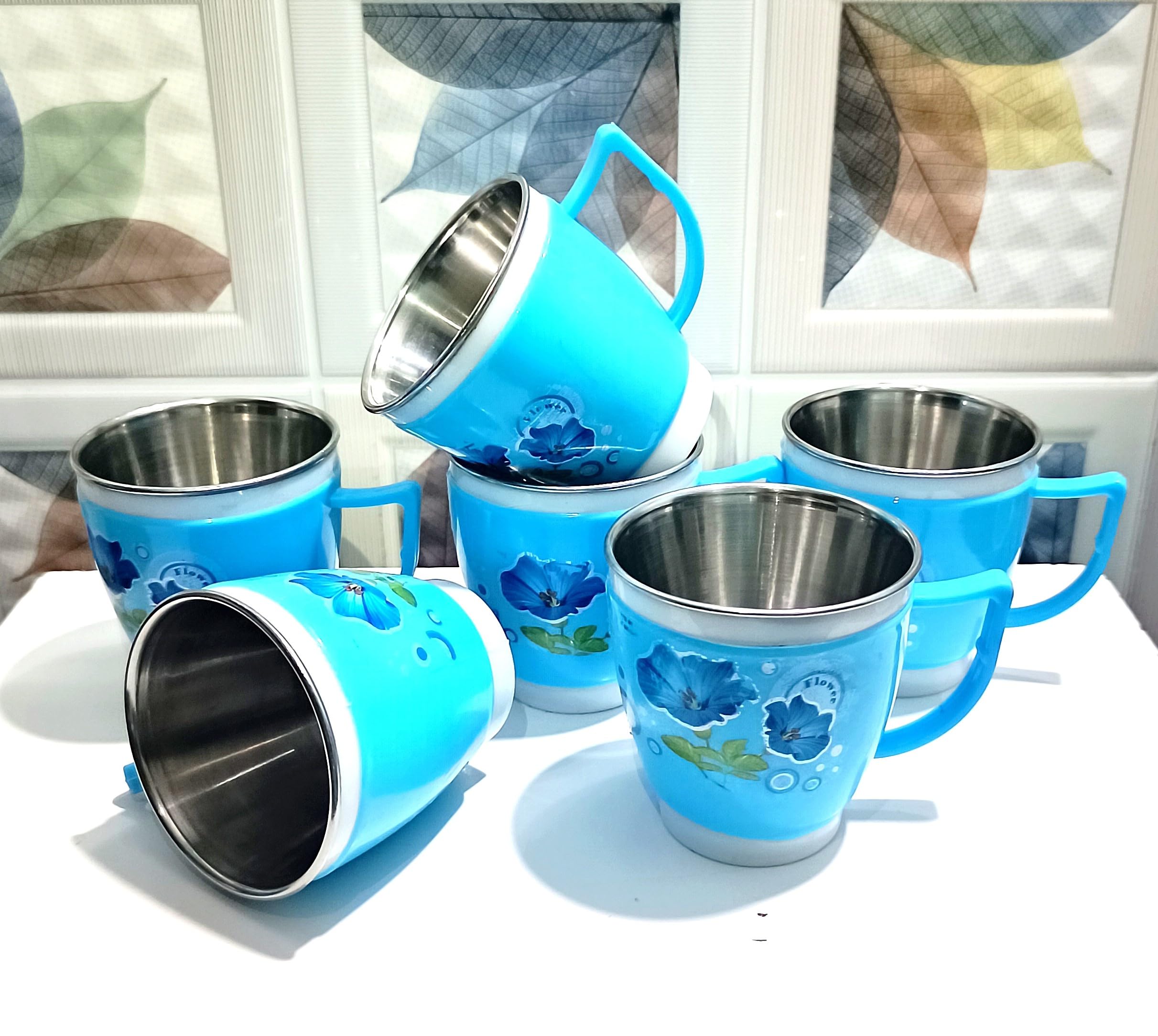 Anixa Creation Evolo Pack of 6 Stainless Steel Tea Cup Set | Steel Cups | Coffee Cups | Payali Set, Mini Cups Set of 6 | Chai ka Cup - Inner Steel Outer Plastic (Blue)