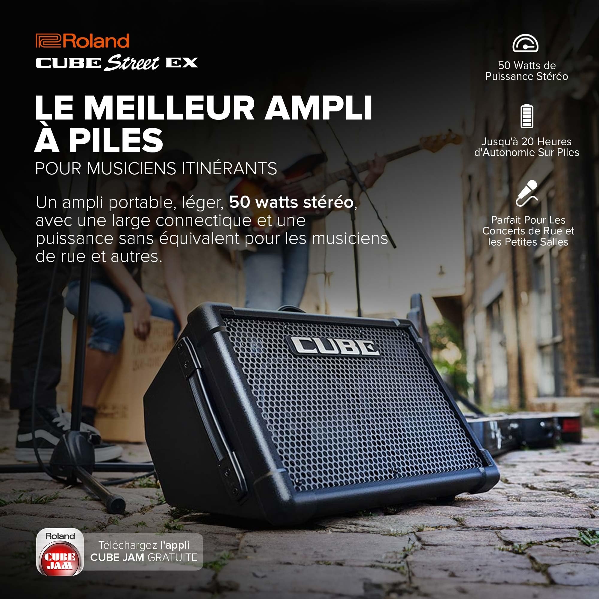 Roland Cube Street EX | Ampli stéréo 50 W alimenté par Piles | Son Clair et Dynamique | Idéal pour Jouer en Plein air | pour micros, Instruments & lecteurs Audio | Sons COSM pour Guitares électriques