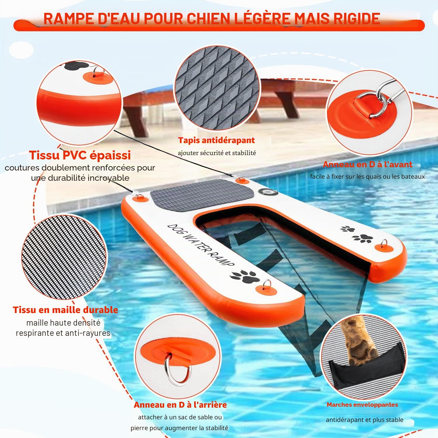 Rampe gonflable pour chien et piscine, échelle flottante extra large pour piscine, quai et bateau, rampe d'eau antidérapante pour chien avec haute stabilité, échelle de piscine pour chien de 68 kg