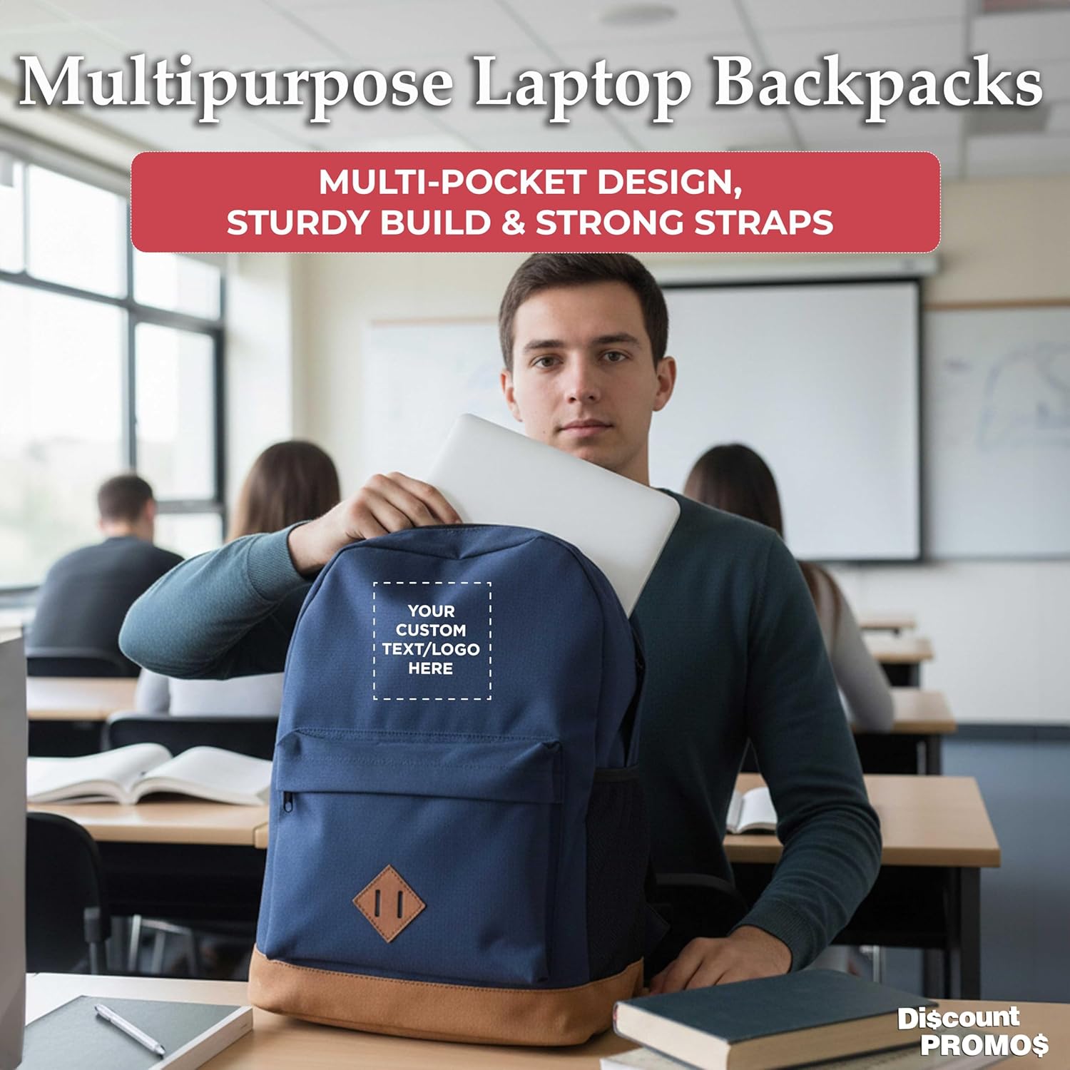 DISCOUNT PROMOS Custom Multipurpose Laptop Backpacks Set of 10/40/80, Personalized Bulk Pack - Lots of Features for Everyday Use, Perfect for Employess, Businessman - Blue