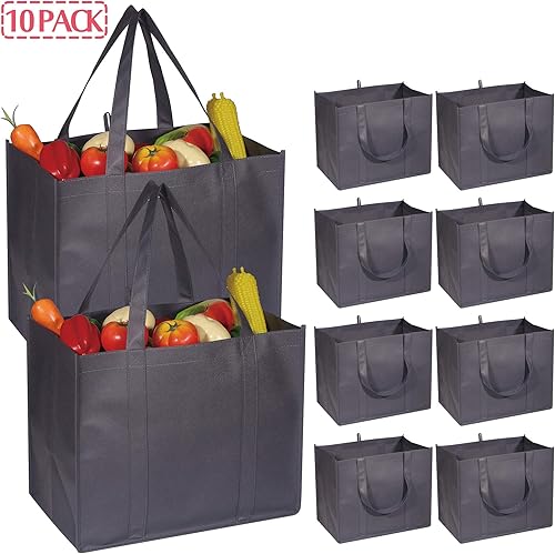 Miniatura 3 de DIOMMELL Paquete de 10 bolsas de comestibles reutilizables, extra grandes, superfuertes, resistentes, con asas reforzadas, color gris