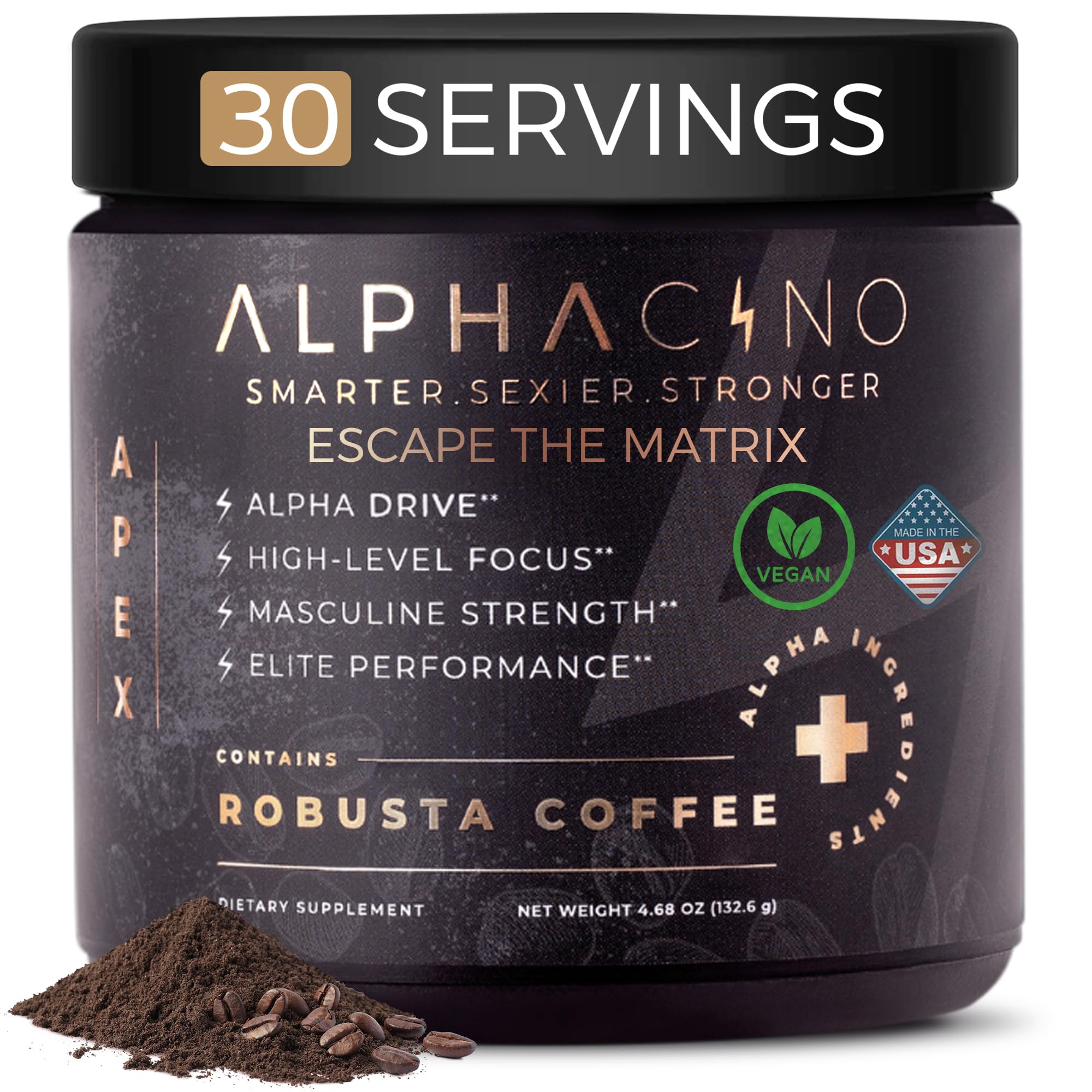 Alphacino Apex Instant Mushroom Coffee - Black Maca Ashwagandha + Energy Drink Powder for Men, Ideal for Muscle Building Growth, Sharp Focus & Stamina, Mens Energy Powder Drink Mix, S7-30SV (4.68 oz)