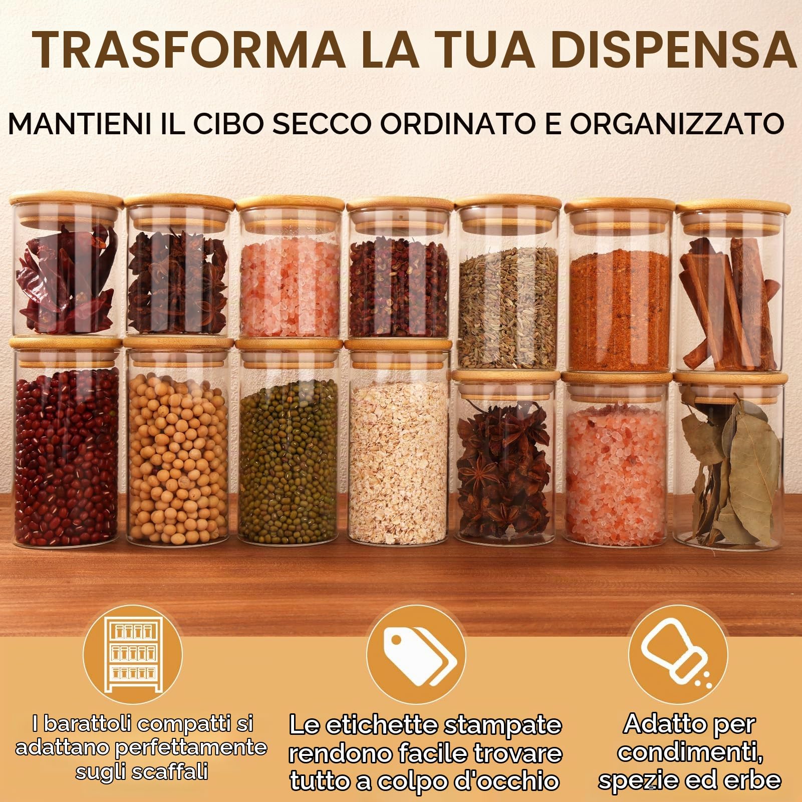 Cinnani Set da 12 Barattoli Spezie Vetro, 200ml Barattolini porta Spezie Vetro con Coperchi in Bambù, Barattoli Spezie per Cucina Ermetici, Trasparente Vasetti Spezie con Etichette