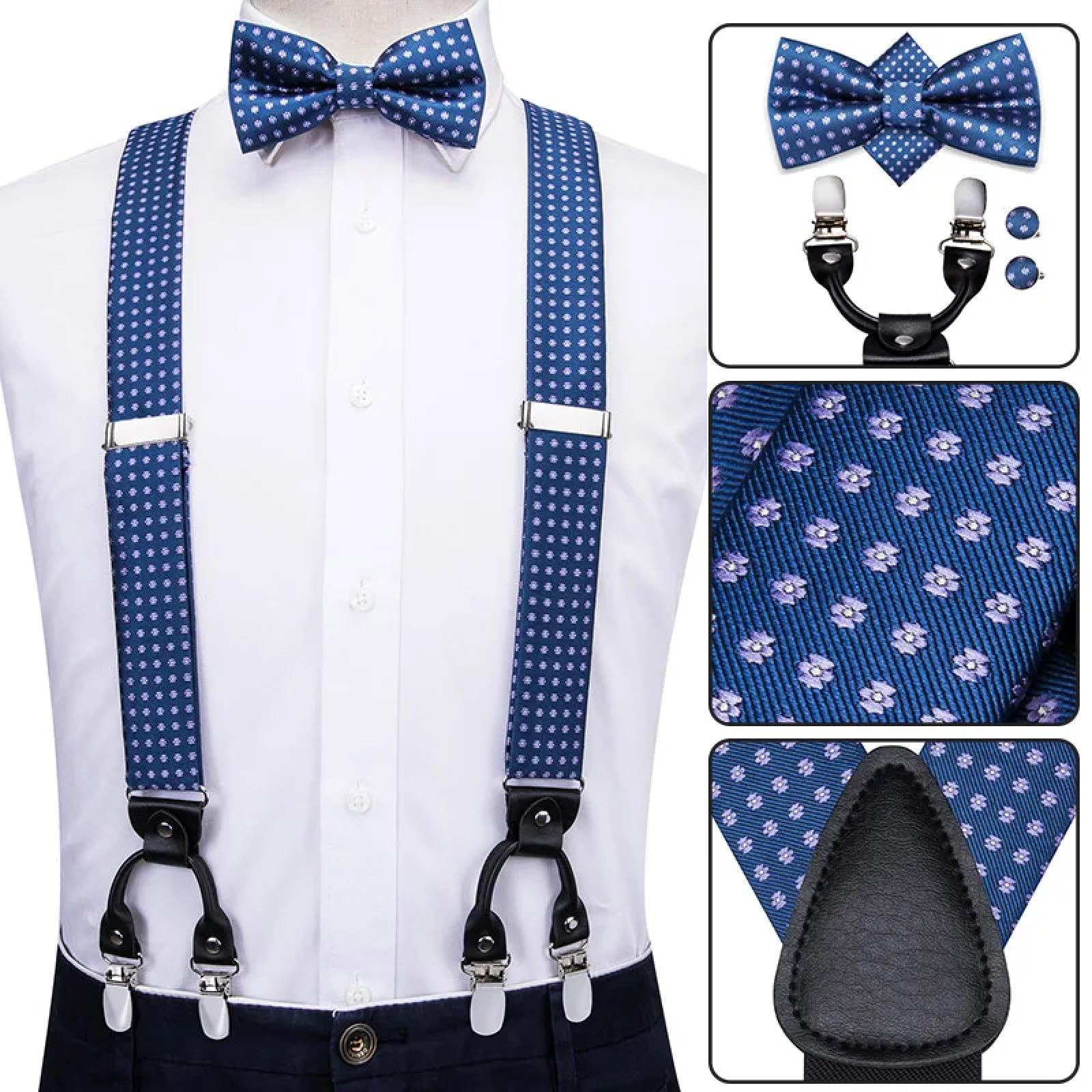 Hosenträger Suspender Herren-Hosenträger-Set Mit Fliege Und Manschettenknöpfen 6 Clips Für Männer Vintage-Hosenträger Blumenmuster Verstellbar
