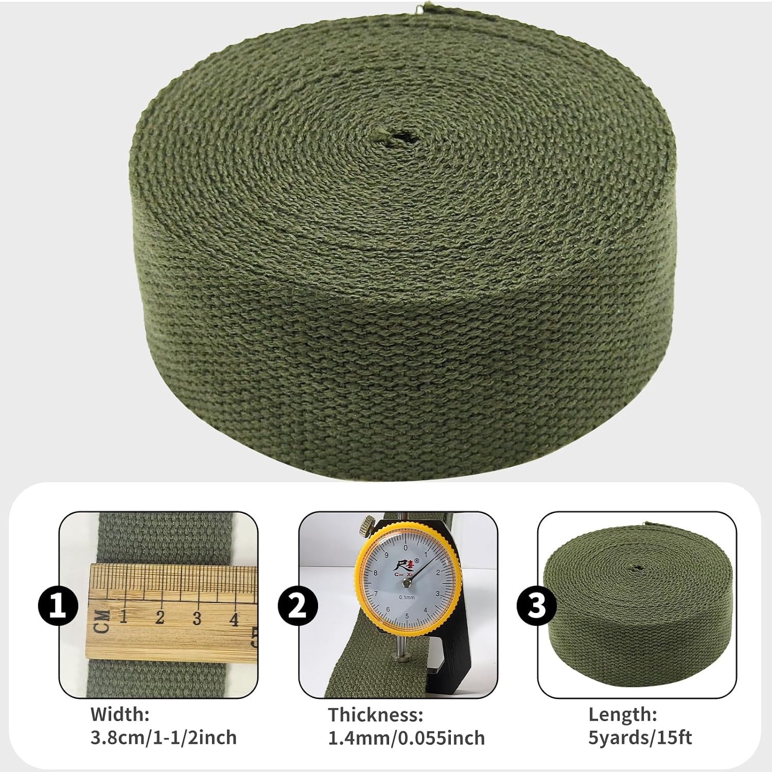 1.5 inch Cotton Webbing Braid Handles Bag Strap 15ft High Density Webbing Plain Weave Straps for Cloth Tote Bag, Pet Collars, DIY Projects, Crafts, Outdoor Accessories (Olive 538)