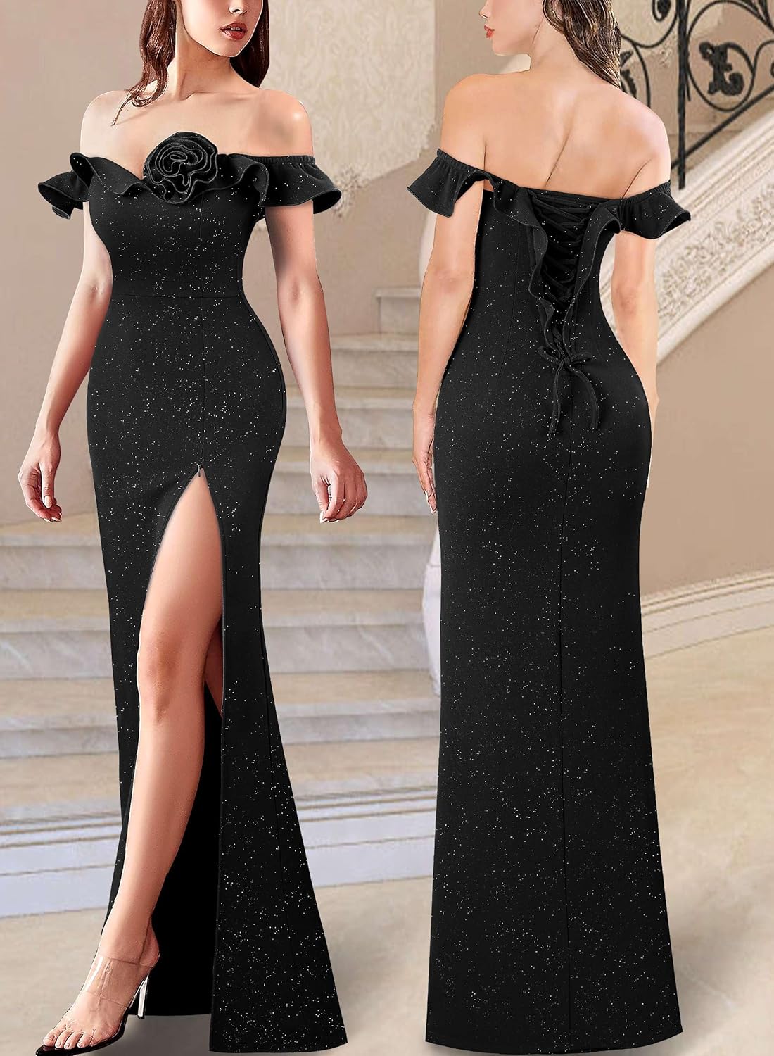 VFSHOW Womens Formal Prom Ruffle Off The Shoulder 3D Flower High Slit Maxi Dress Evening Gown - Image 2