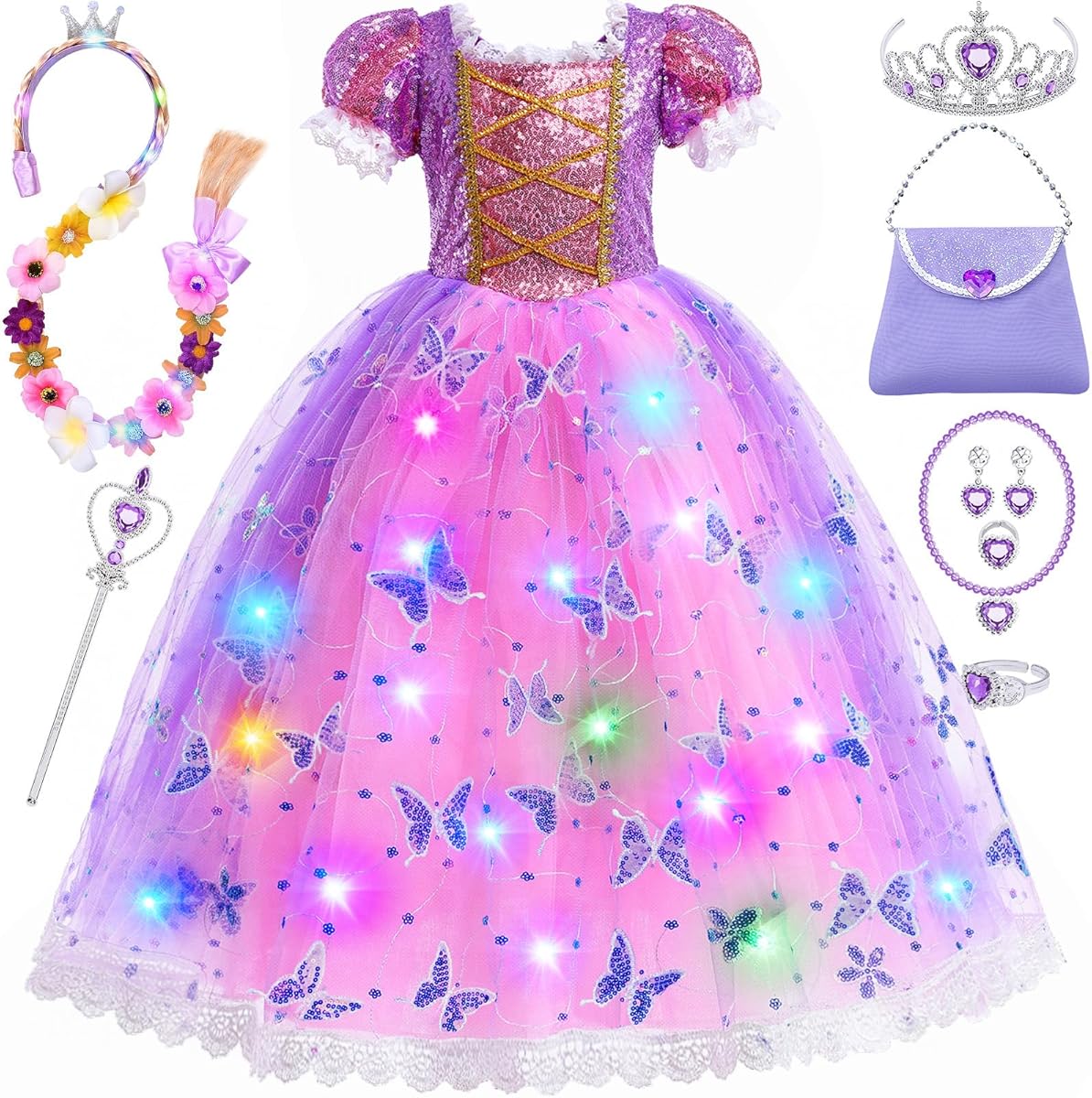 10pcs Girls Princess Costume Light Up Kids Toddler Princess Dress Up with LED Wig Wand Crown Halloween Gifts