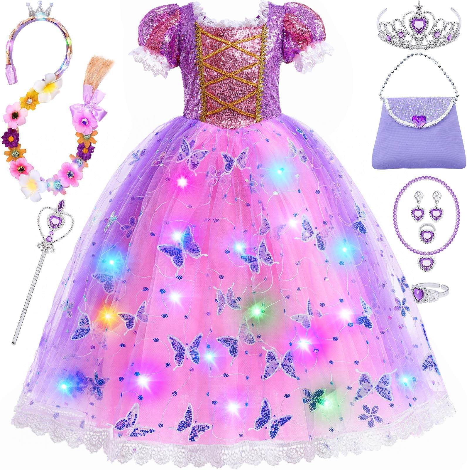 10pcs Girls Rapunzel Dress Costume Light Up Kids Toddler Princess Dress Up with LED Wig Wand Crown Halloween Gifts