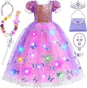 10pcs Girls Princess Costume Light Up Kids Toddler Princess Dress Up with LED Wig Wand Crown Halloween Gifts