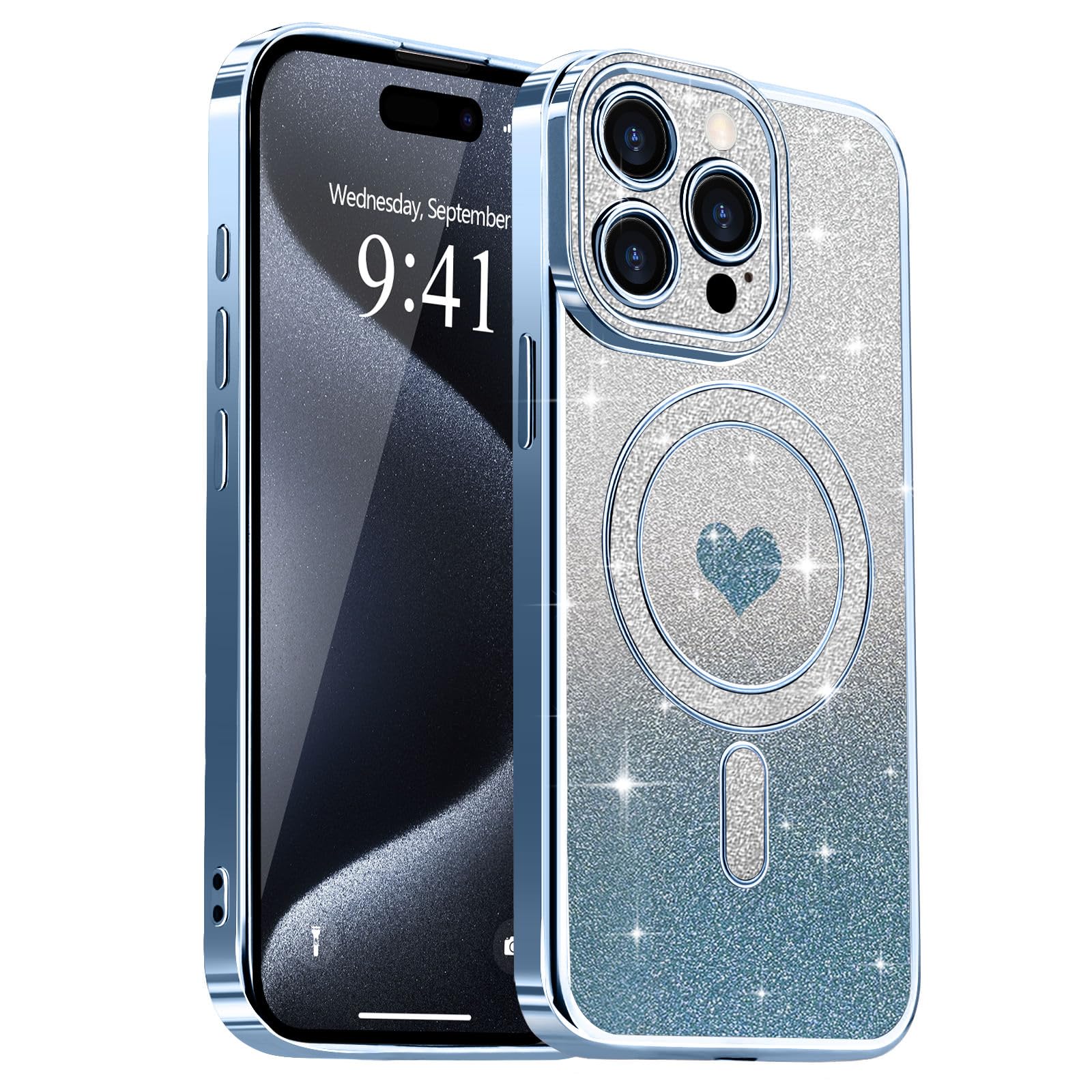 Lafunda IPhone 15 Hülle – Magnetisch, Pailletten Glitter Design, Silber, Mit Kameraschutz & Drahtlosem Laden