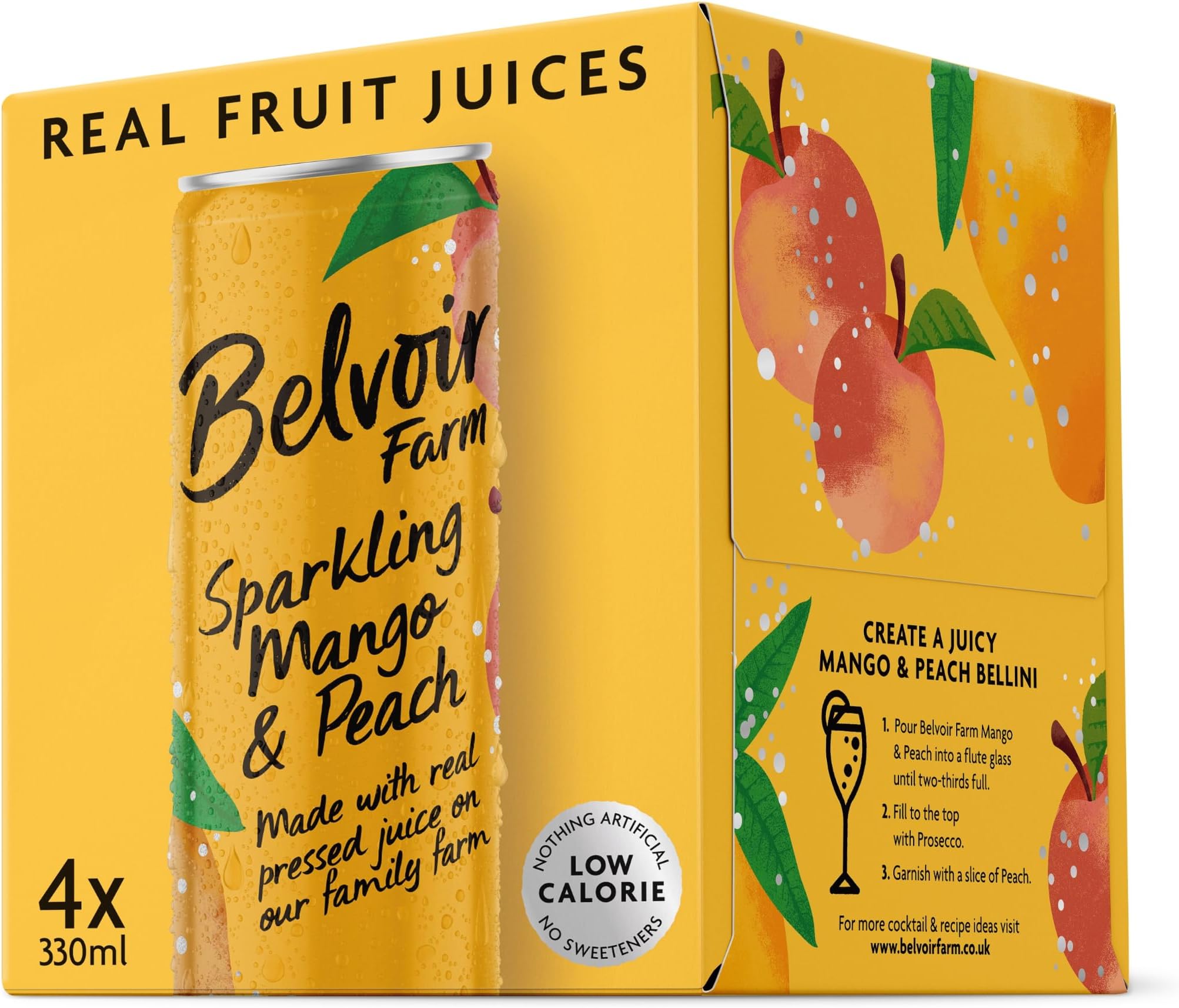 Belvoir Farm - Sparkling Mango & Peach, Delicious and Light, Real Fruit Juice, Low in Calories, Nothing Artificial, Gluten Free, Suitable for Vegetarians & Vegans 4x330ml
