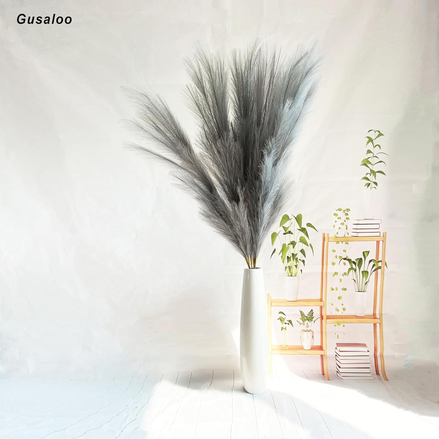 6 Pcs Artificial Pampas Grass Large, 47"/121cm Fake Faux Artificial Pampas Grass Decor Tall Stems, Fluffy Pompous Pompass Branch Floor Vase Filler for Home Kitchen Decor Boho Decor Wedding-Light Grey