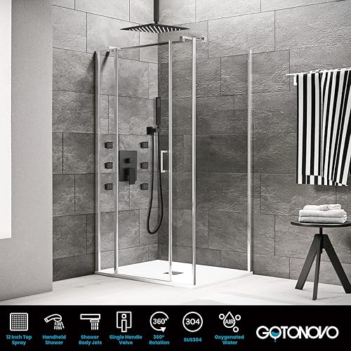 Miniatura 2 de gotonovo Juego de grifo de ducha mezclador de lluvia montado en el techo, color negro mate, cabezal de ducha cuadrado de 12 pulgadas con 6 chorros