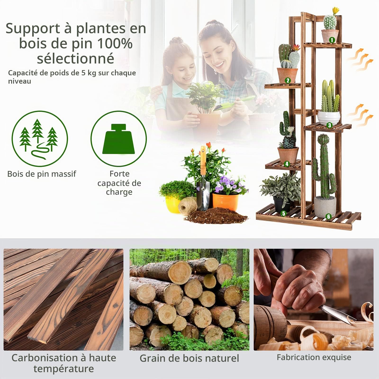 COSTWAY Étagère pour Plantes en Bois de Pin 6 Niveaux Autoportante pour 7 Pots de Fleurs avec Dispositif Anti-Dumping Intérieur/Extérieur Naturel