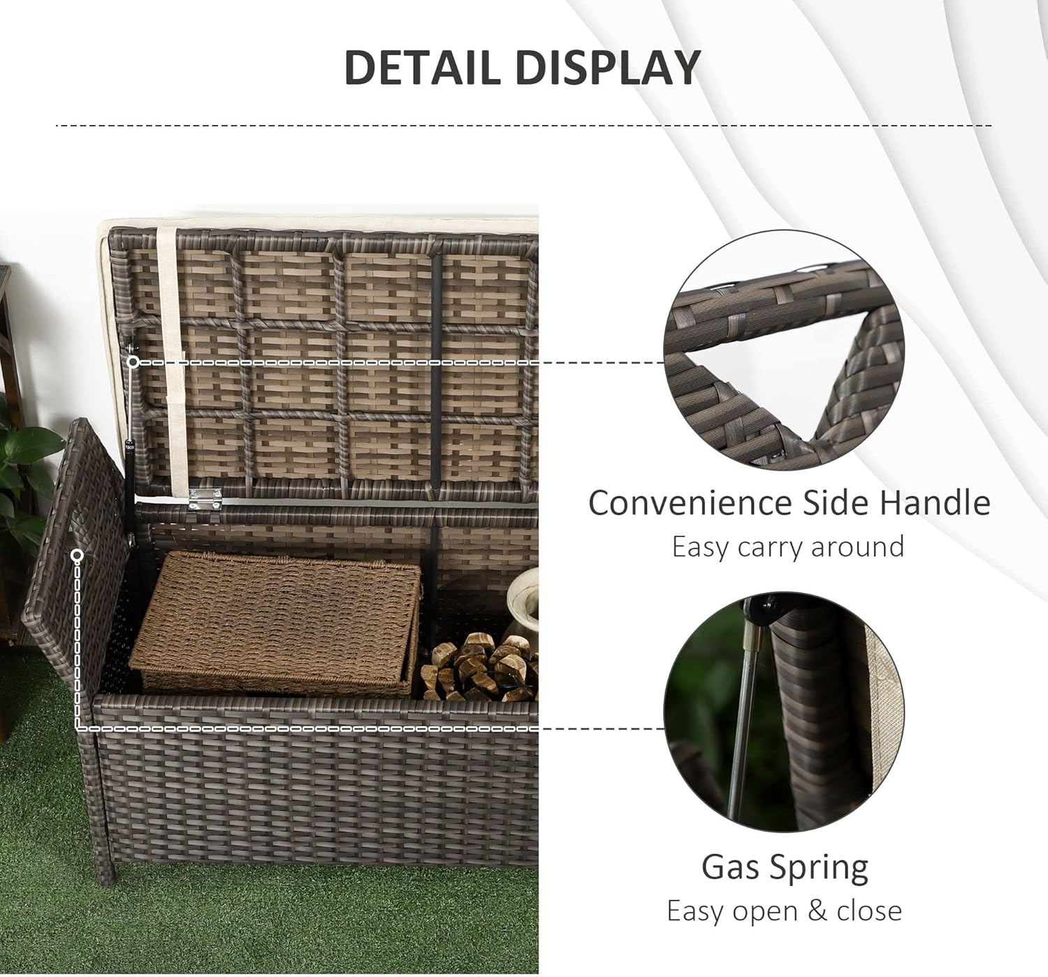 27 Gallon Patio Wicker Storage Bench, Outdoor PE Rattan Patio Furniture, 2-in-1 Large Capacity Rectangle Garden Storage Box with Handles and Cushion, Cream White