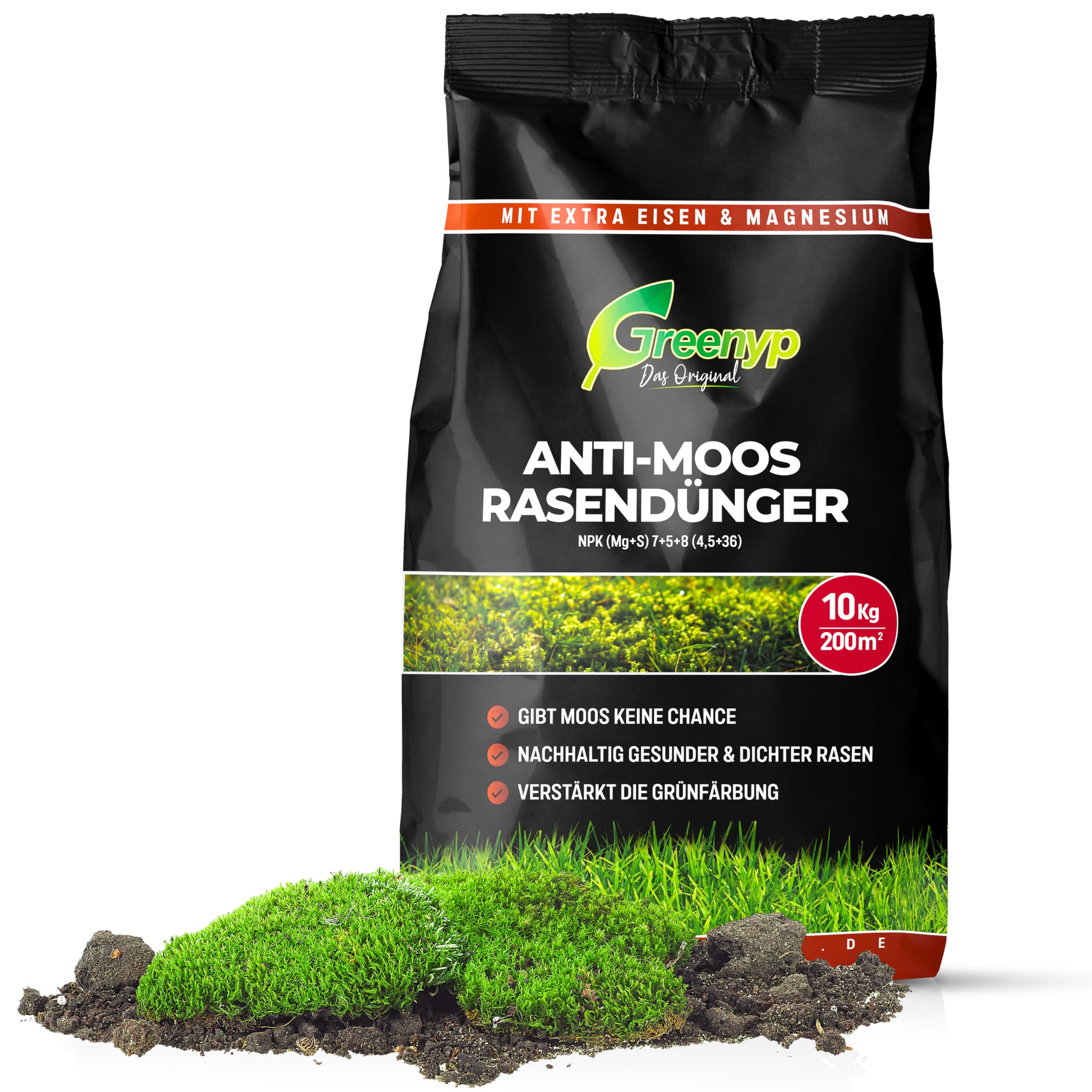 Greenyp Anti Moos Rasendünger I 2in1 Rasen- & Eisendünger 30kg für 600m² | Für Rasenflächen mit Moos | Rasendünger + Eisensulfat granuliert, streuwagengeeignet und staubarm für Frühjahr bis Spätsommer