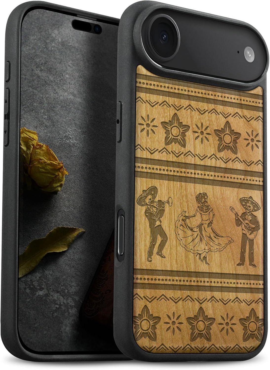 Carveit Magnetic Wooden Case for iPhone Air Case, Wood Artisan Engraved & Soft TPU Shockproof Cover, Compatible with MagSafe 17 Air Wireless Chargers (Sugar Skull Bloom) Cherry