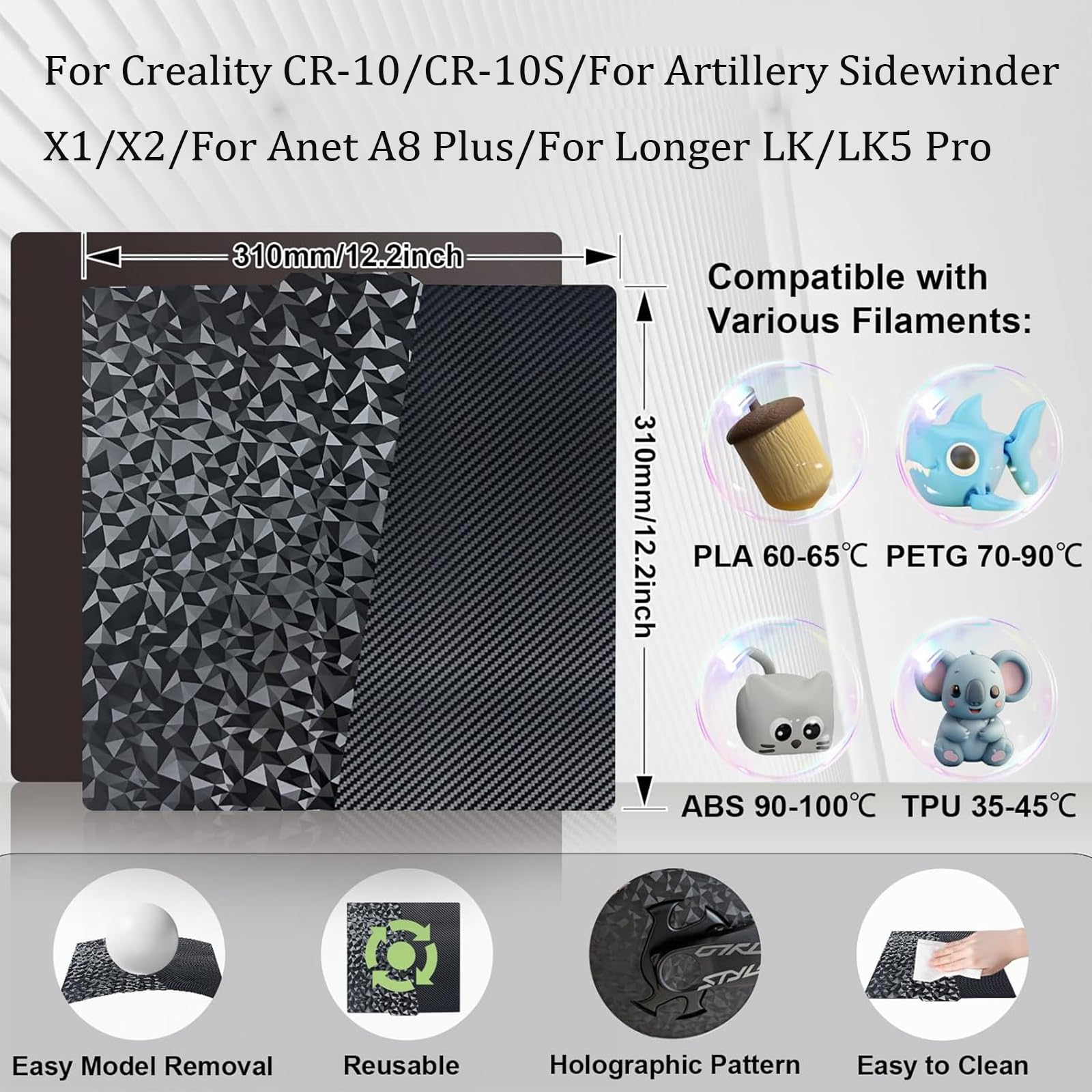 IdeaFormer PEO płyta dociskowa PET 310x310mm PEO gładka stalowa sprężyna magnetyczne łóżko dociskowe dla QiDi Plus 4 dla Artillery Sidewinder X1/X2, dla Creality CR10/CR10 S, dla Anet A8