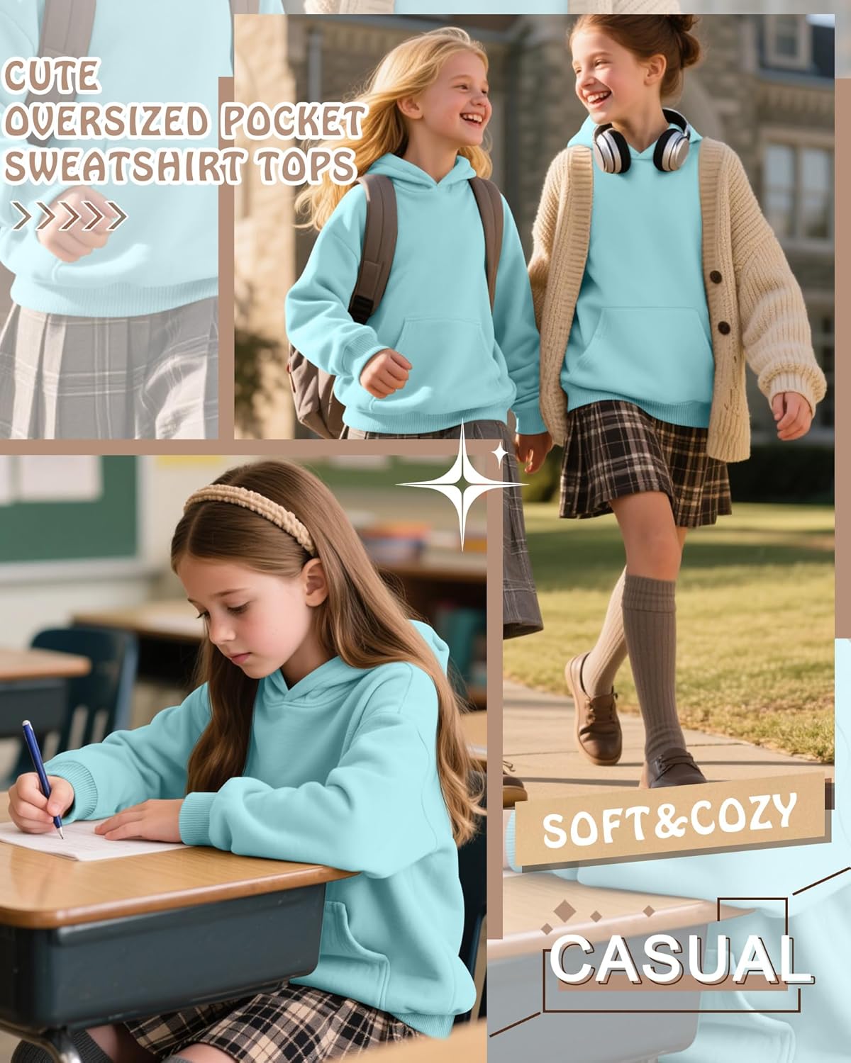 Toddlers' and Girl's Hoodies Lightweight Oversized Long Sleeve Hooded Sweatshirt Casual Pullover Tops with Pockets - Image 3