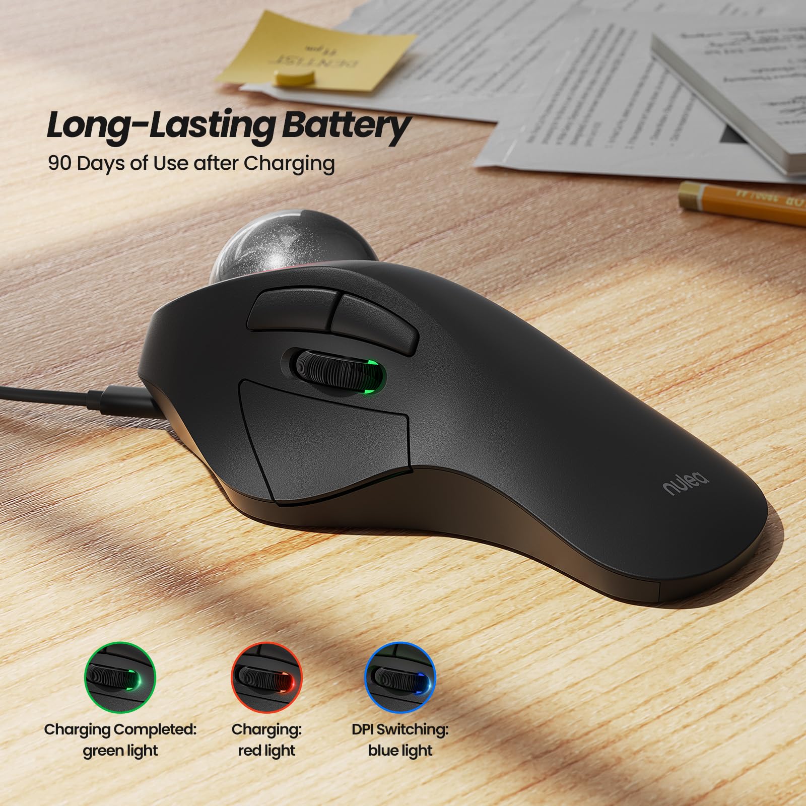 Nulea Wireless Ergonomic Trackball Mouse, Rechargeable, Bluetooth, 44mm Index Finger Trackball, 5 DPI Ajustables, Compatible avec PC, Laptop, iPad, Mac, Windows, Android