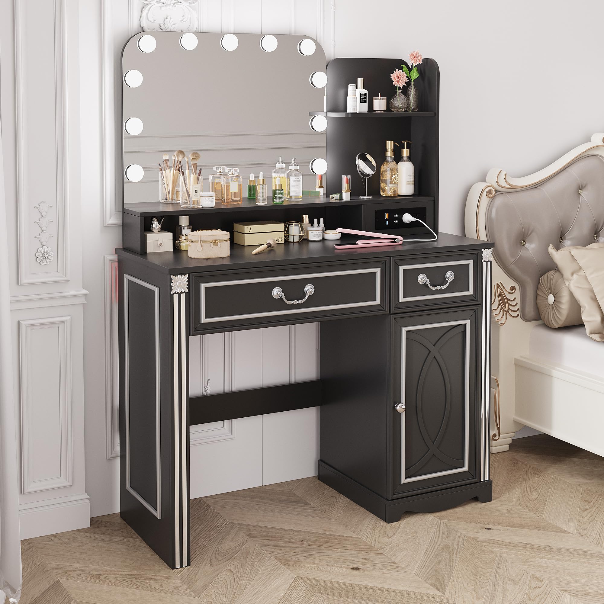 Lareth Vanity Desk with Lighted Mirror, 39.4 inch Vintage Makeup Table with Power Outlet, Bedroom Vanity Dressing Table with Adjustable Lights & 2