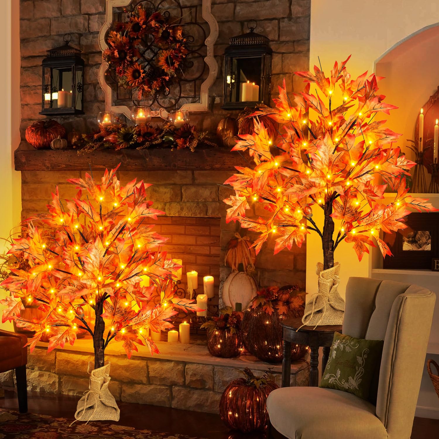 FastDeng Lot de 2 érables lumineux d'automne, arbre artificiel de table de 61 cm avec 36 lumières LED, 72 feuilles, 6 glands, minuterie à piles pour récolte d'automne, décoration d'intérieur,