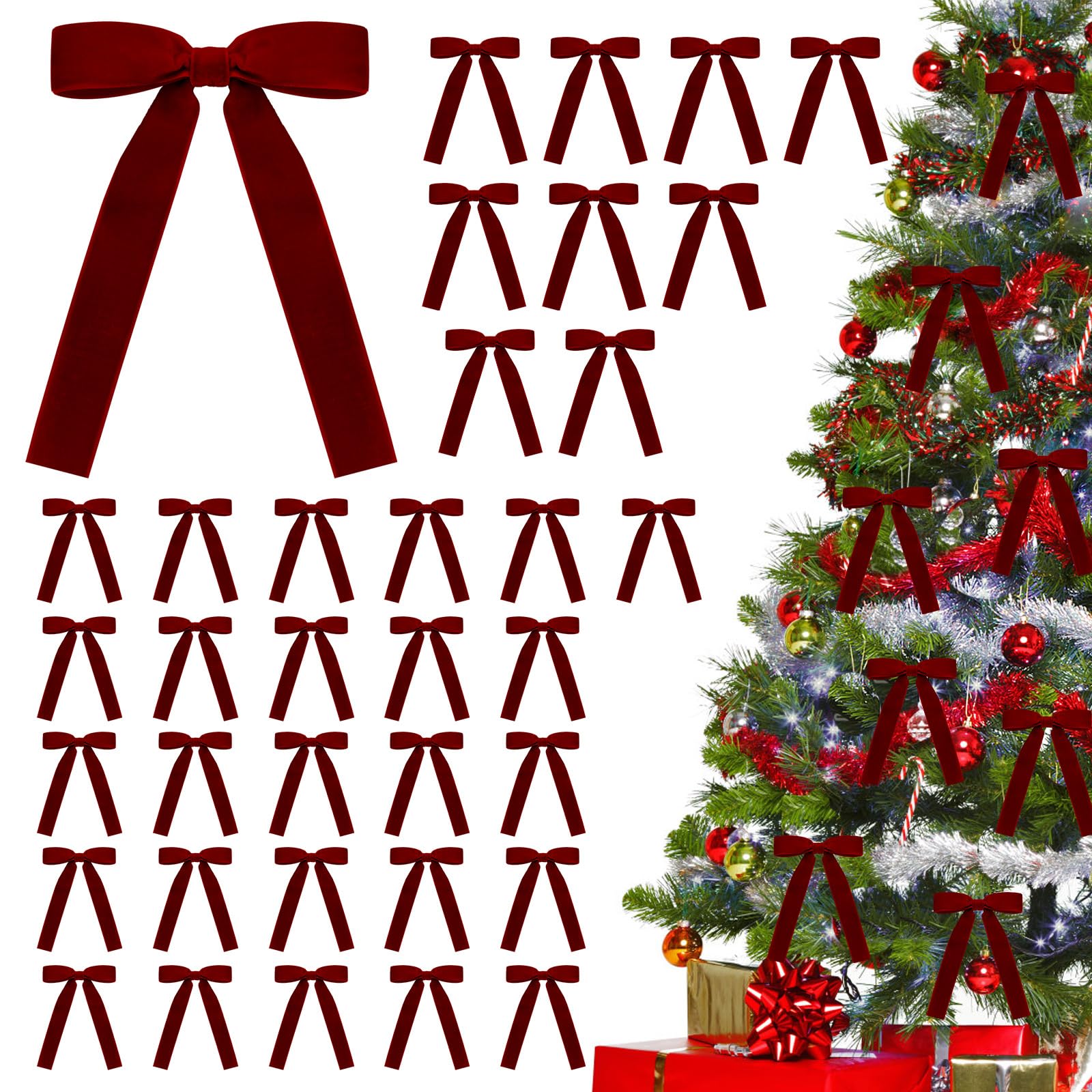 36 Pcs Wine Red Velvet Christmas Bows - 5 x 7 Inch Vintage Tree Bows for Rustic Christmas Decor & Wreaths