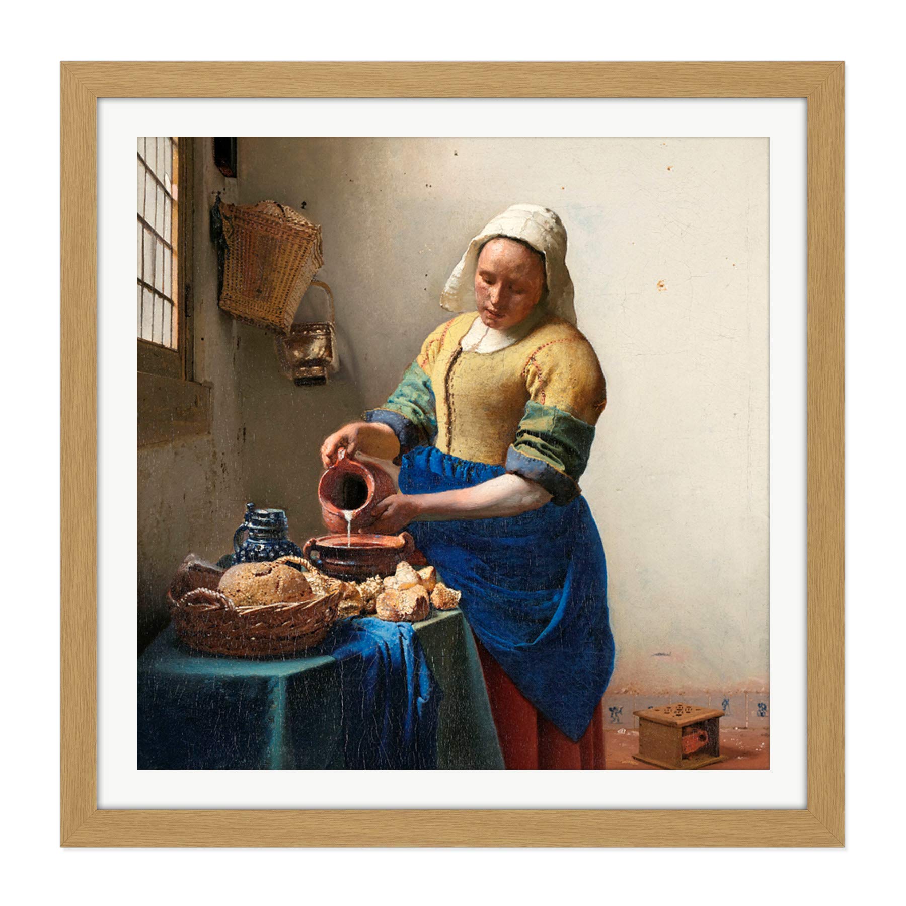 Artery8 Vermeer The Milkmaid Woman Kitchen Painting Square Wooden Framed Wall Art Print Picture 16X16 Inch