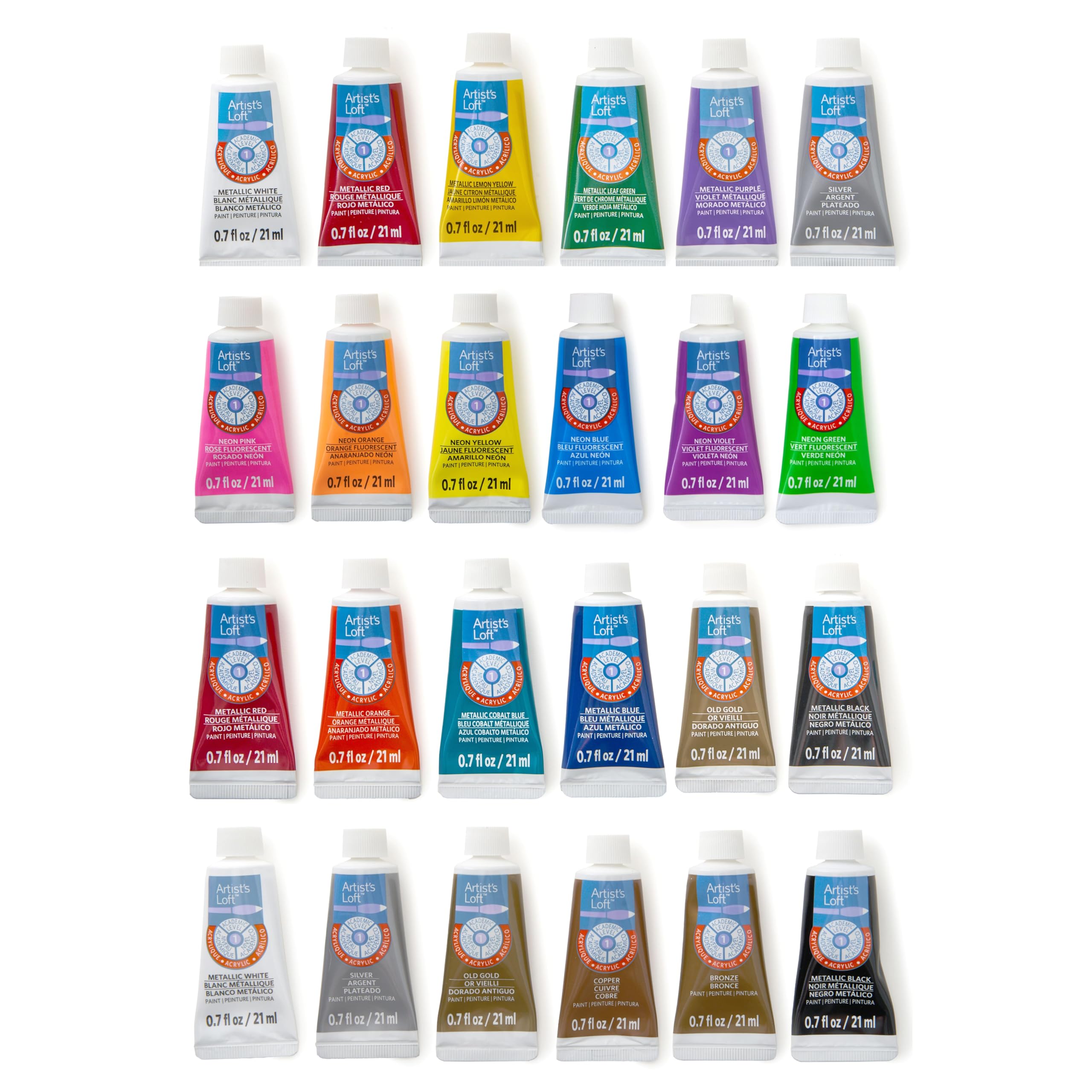 Artist's Loft 24 Assorted Metallic & Neon Acrylic Paint Tube Value Set by Paint Smart - Water-Based Paint for Drawing, Painting, Art & Crafts Supplies - 1 Pack