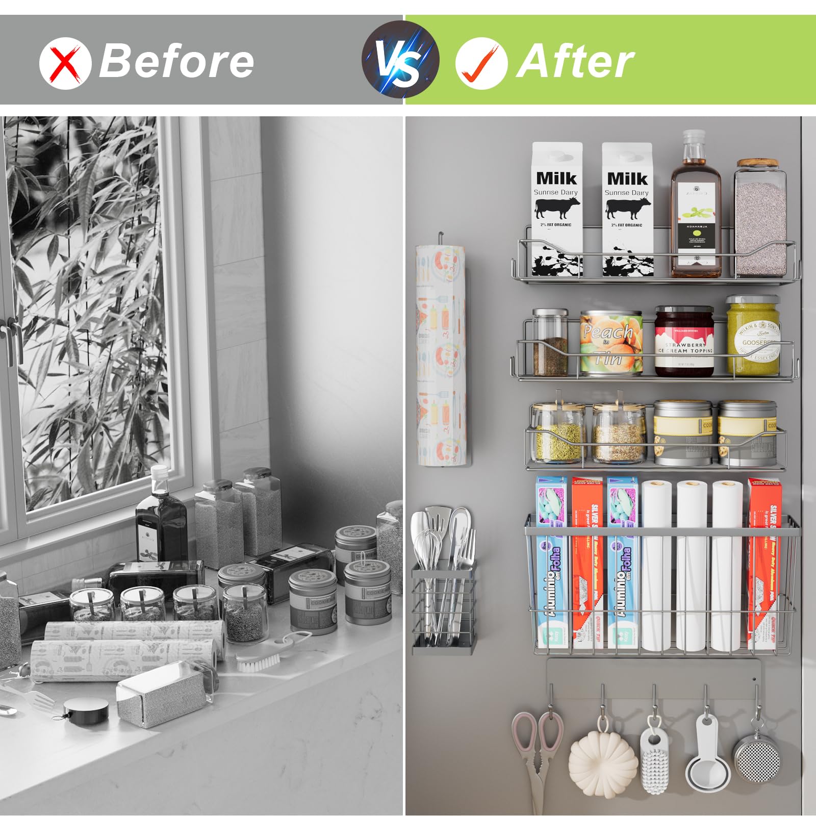 Magnetisches Gewürzregal für Kühlschrank, 7 Stück, magnetisches Kühlschrankregal mit Papierhandtuchhalter, Utensilienhalter, Schneidebrett-Regal, bewegliches Gewürz-Organizer-Regal für Küche