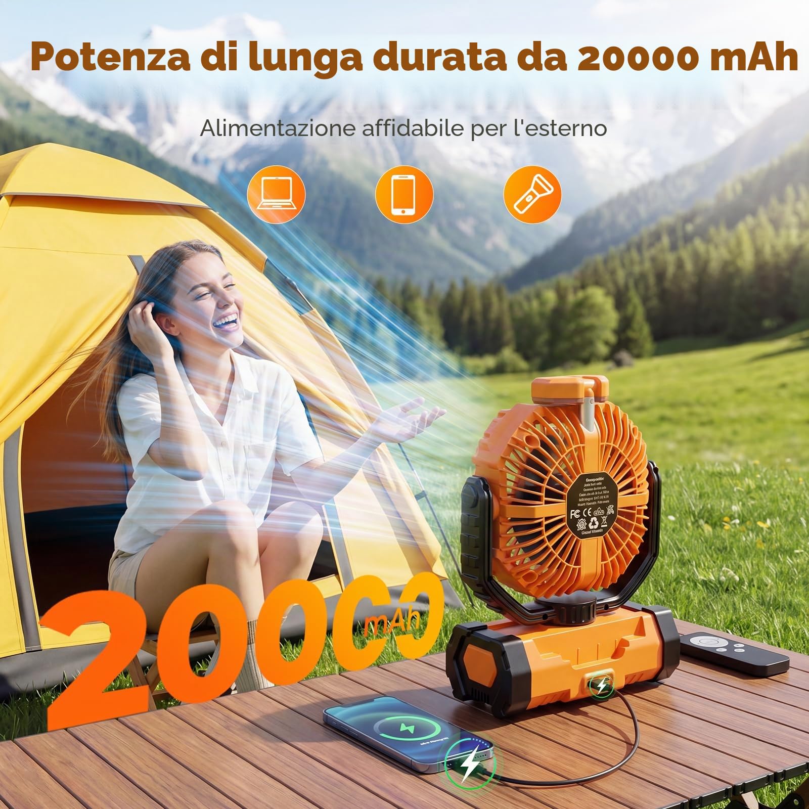 Ventilatore da Campeggio con Luce, Alimentazione a Batteria 20000mAh, Ventilatore Portatile Ricaricabile con Telecomando e Gancio Rotante a 360°, 4 Velocità per Interni, Viaggi, Camper (Arancione)
