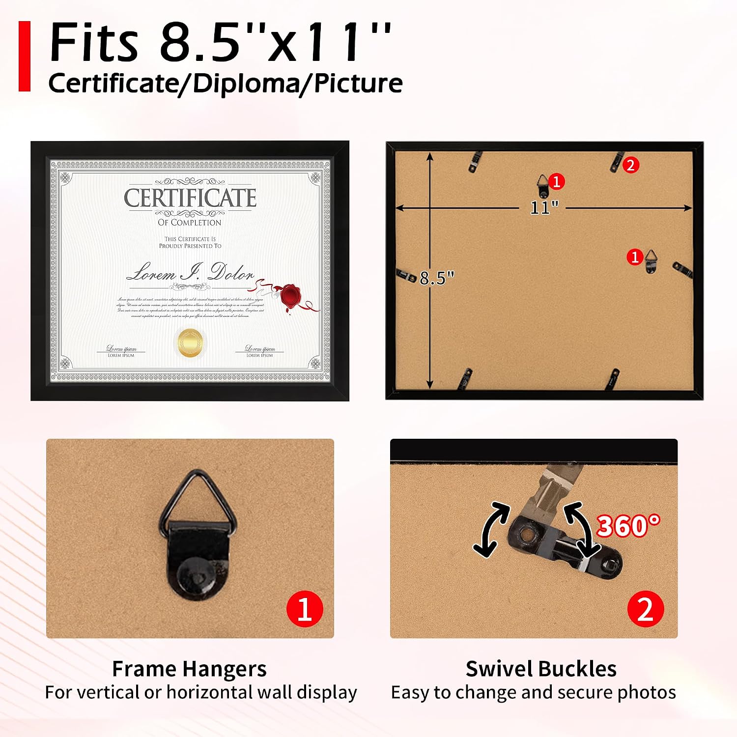 Diploma Frame, 8.5 by 11 Black Picture Frames, Certificate Frame with Clear Plexiglass, 8.5 x 11 Photo Graduation Degree Record Magazine Frames for Collage Gallery Home Wall Decor, 2 Pack
