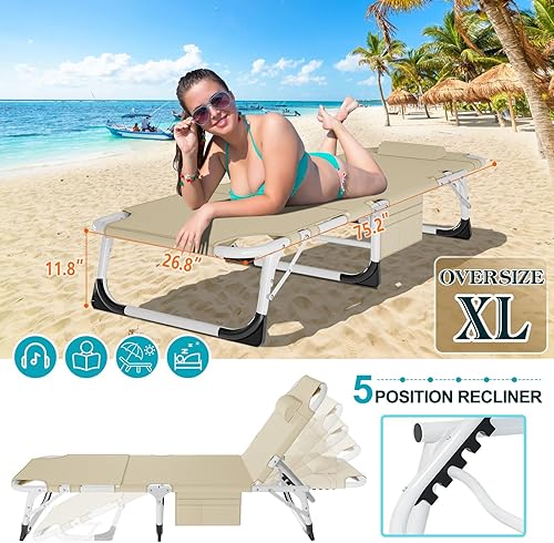Miniatura 3 de ABORON - Silla de bronceado 3 en 1 extragrande con tapete y reposabrazos, tumbonas plegables resistentes, 5 posiciones para exteriores, para playa