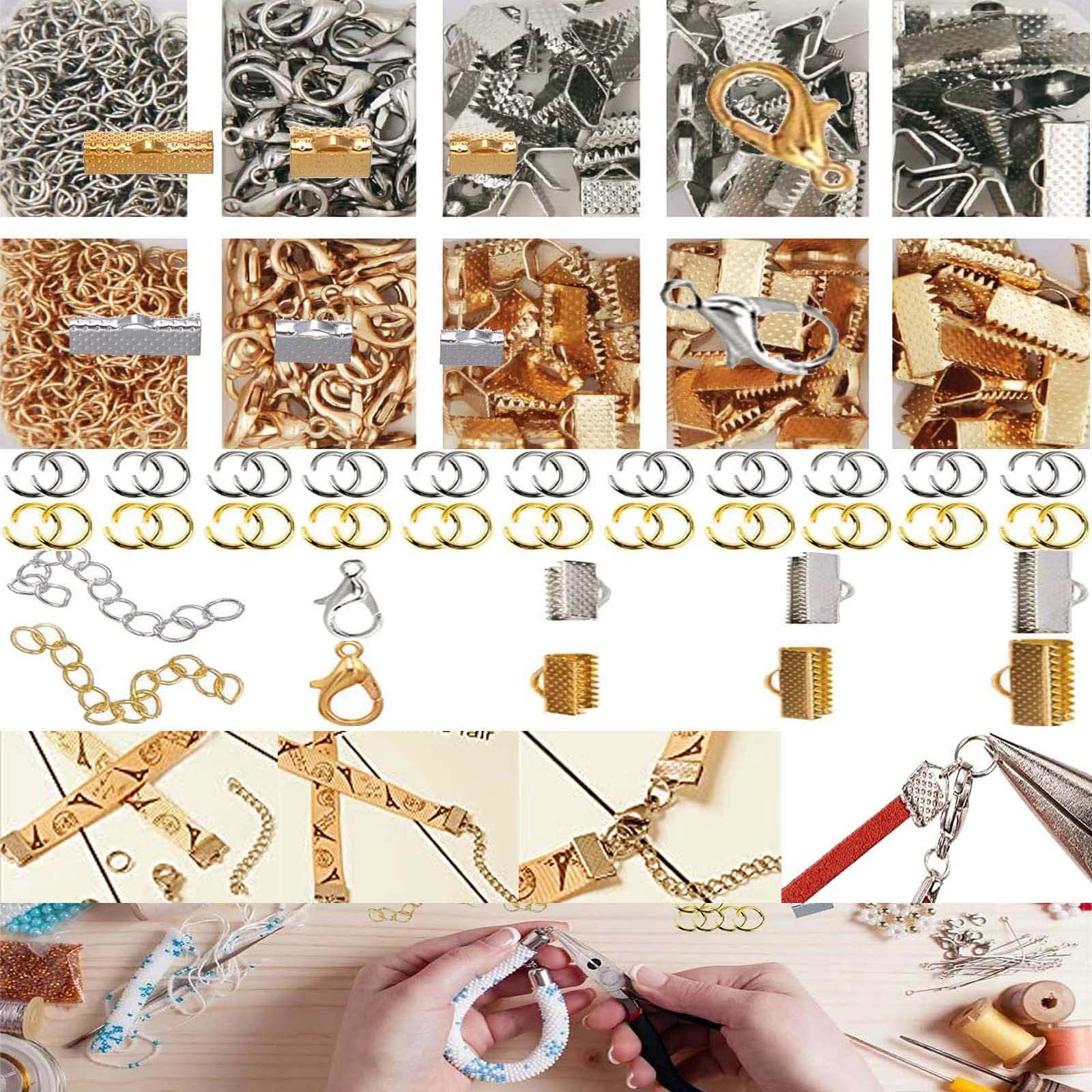 DIY Crafts (9 Sets, Bright Big Silver) Ribbon Bracelet Kit Bookmark Pinch Crimp Ends Jewelry Findings Supplies Includes Ribbon Ends Crimps Lobster Clasps Open Jump Rings and Chain Extenders