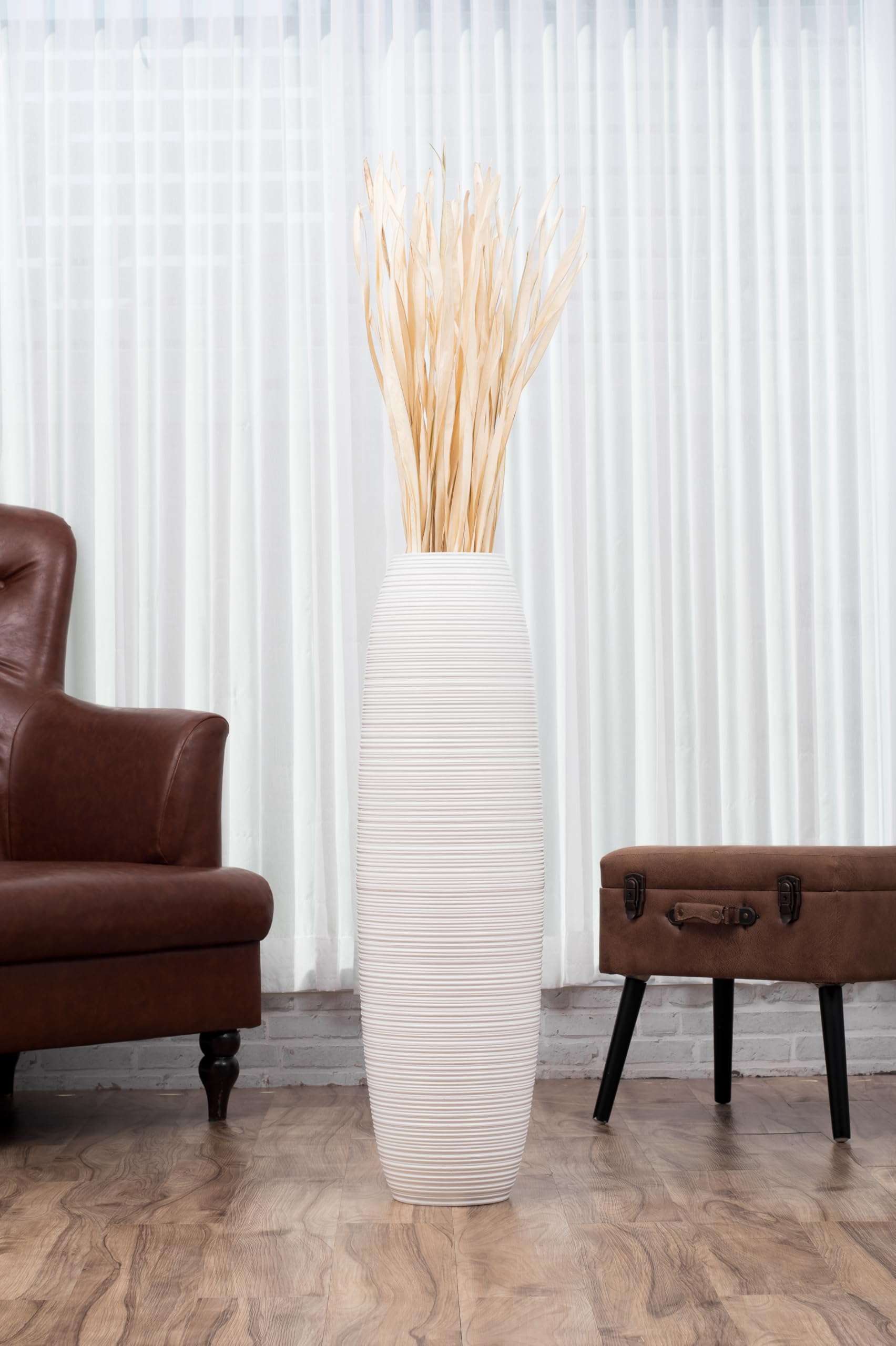 Leewadee Vaso da Terra Grande Alto 85 cm - Vaso Bianco Legno di Mango Fatto a Mano da Interno Erbe della Pampa