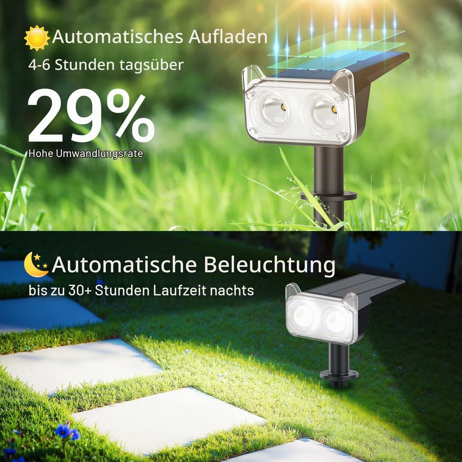 GEARLITE 6 Stück Solarlampen für Außen Garten, 2 Modi Superhelle 800 Lum Solar Strahler Max 30 Stunden Arbeitszeit 3500K Weißes Licht Gartenleuchten IP65 Gartenstrahler für Außen Bäume Garten Weg Deko