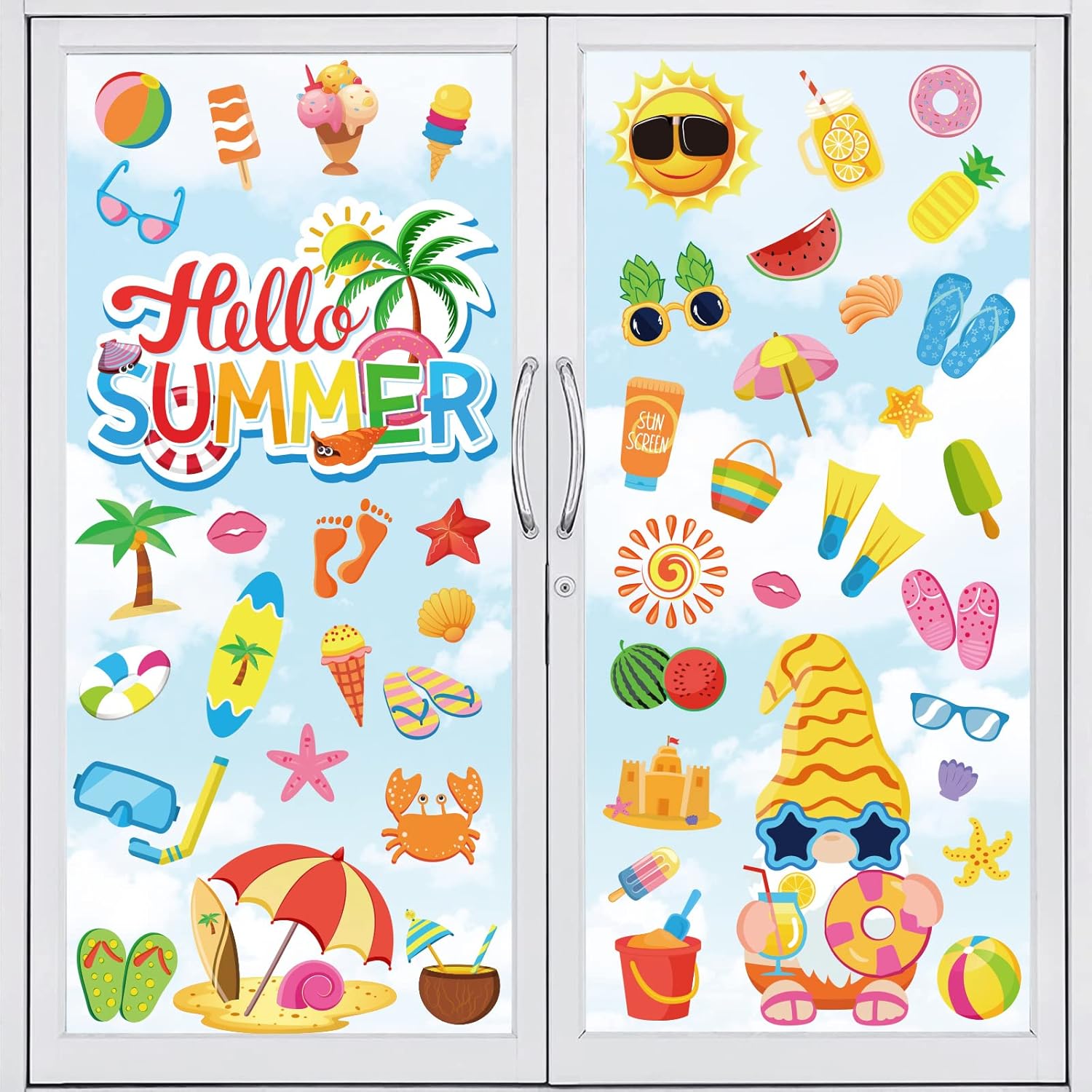 Whaline 9 Sheets Hello Summer Window Clings Sun Pool Beach Window Decals Drinks Ice Cream Flip Flops Double-Sided Stickers for Summer Pool Party Supplies School Home Office Decorations