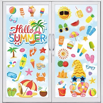 Whaline 9 Sheets Hello Summer Window Clings Sun Pool Beach Window Decals Drinks Ice Cream Flip Flops Double-Sided Stickers for Summer Pool Party Supplies School Home Office Decorations