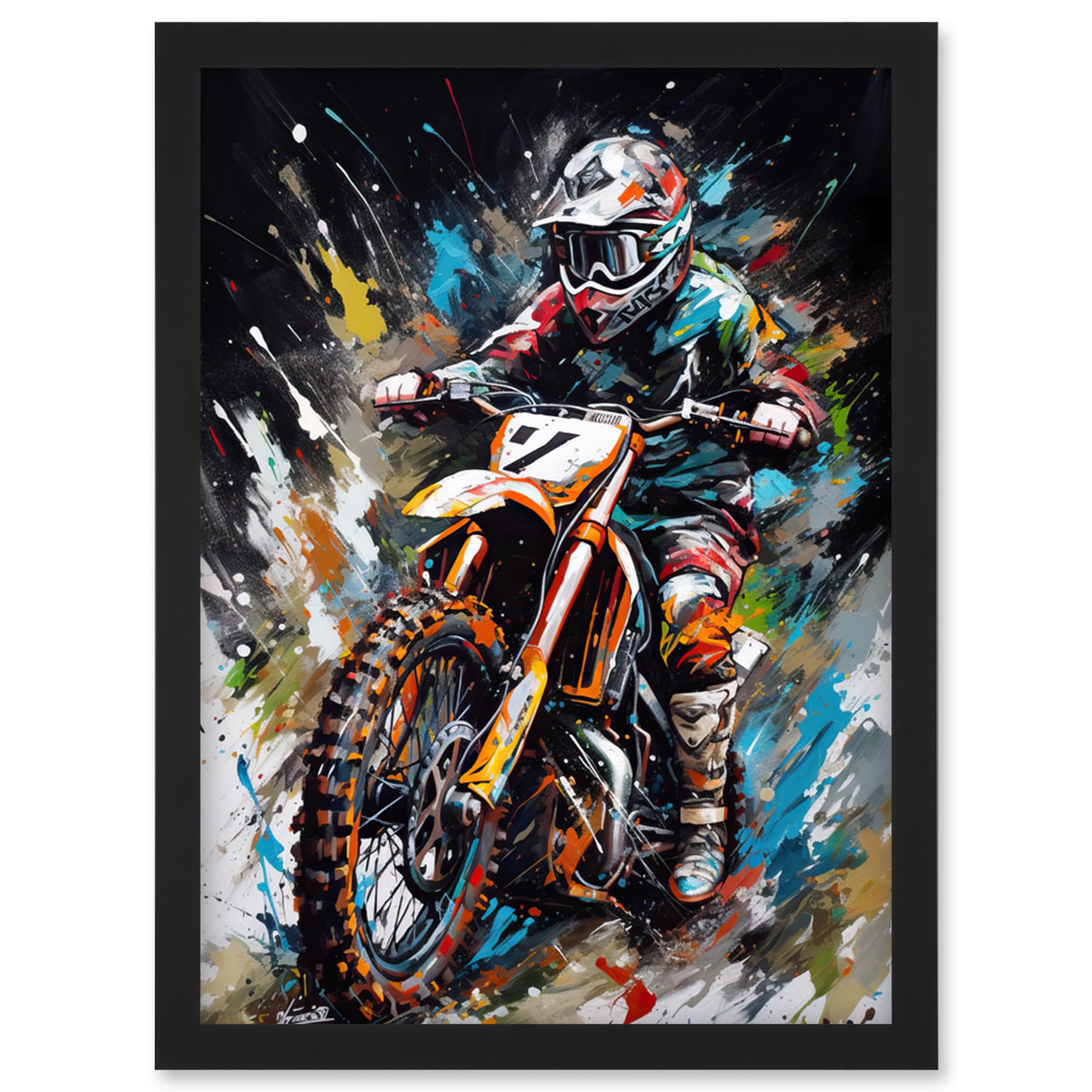 Artery8 Motocross Race Driver Number 7 Racing Action Shot Artwork Framed Wall Art Print A4