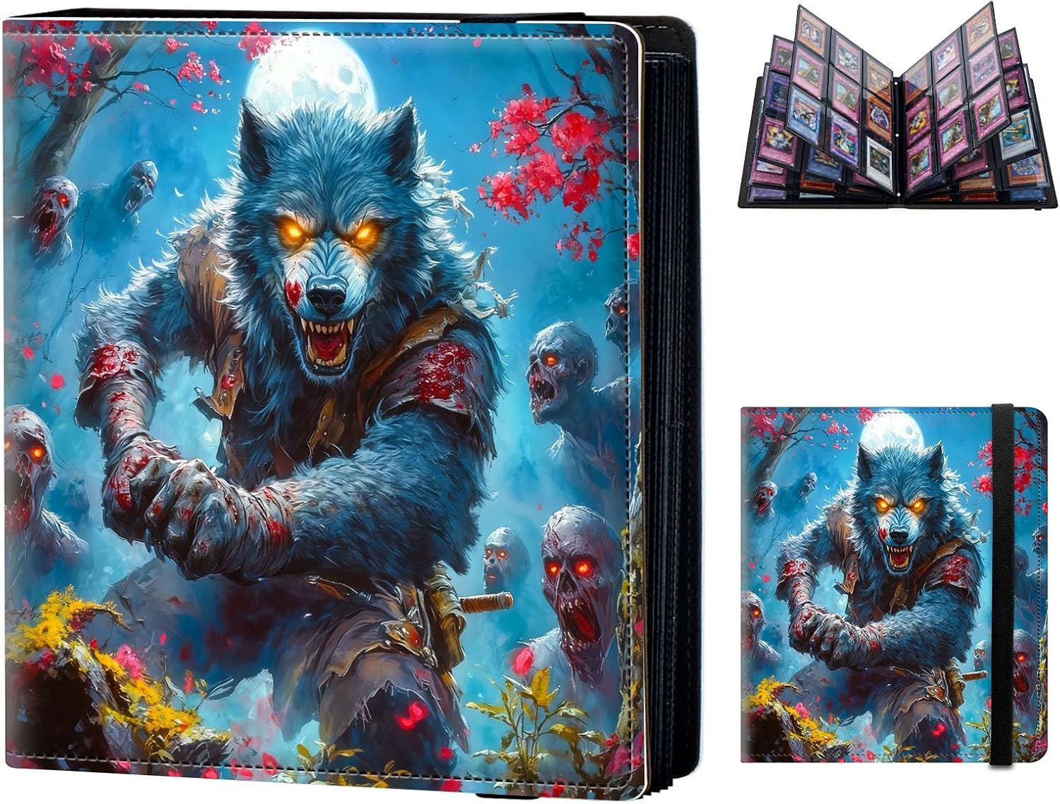 9 Pocket Trading Card Binder for Cards, PU Leather Collector Card Book Holder for MTG, TCG, Sports, Baseball, and Game Cards Storage Clipboard Album, Werewolf Battling Zombies