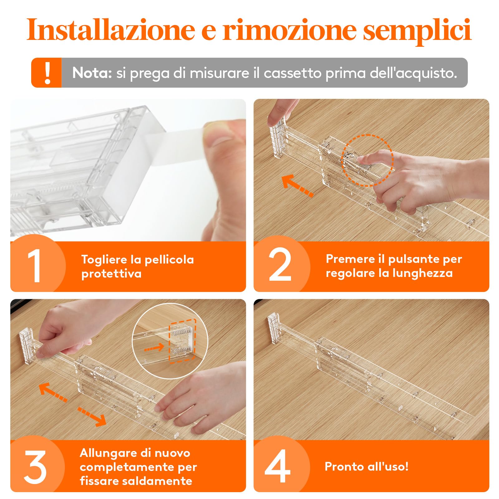 Lifewit Divisori per Cassetti Cucina Alti 6cm, 40 -56cm, Organizer Regolabili per Utensili, Vestiti e Trucchi, Separatori per Cassetti in Plastica per Camere da Letto, 4 Pezzi, Trasparente