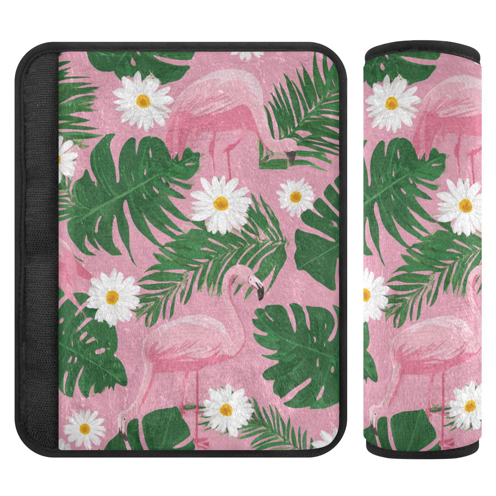 2 Pack Seatbelt Covers Seat Belt Cover Pad for Adults Boys Girls Car Seat Strap Covers Pads Cushion Universal Shoulder Strap Pad Protector for Backpack Camera Bag 6.5 Inch Cute Pink Daisy Flamingos