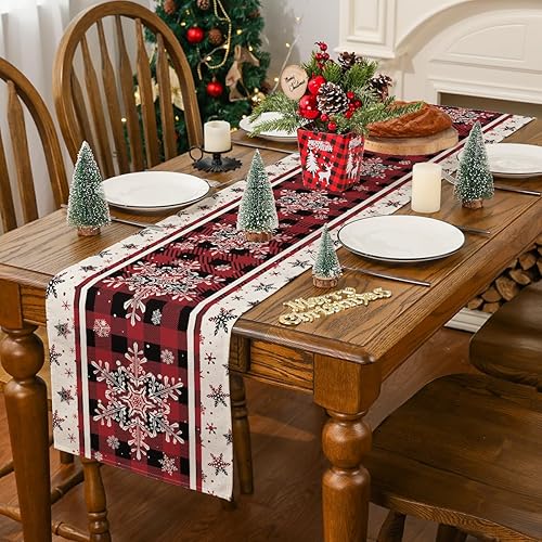 Miniatura 4 de Siilues Camino de mesa de Navidad, decoración navideña a cuadros, copo de nieve, camino de Navidad para mesa, decoración de vacaciones de invierno