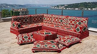 Red L Shaped Pallet Cushions, Arabic Floor Sofa Set, Oriental Floor Seating, Sectional Floor Cushion, Indoor Floor Pillows, Arabic Sofa Set (L Sofa Only)