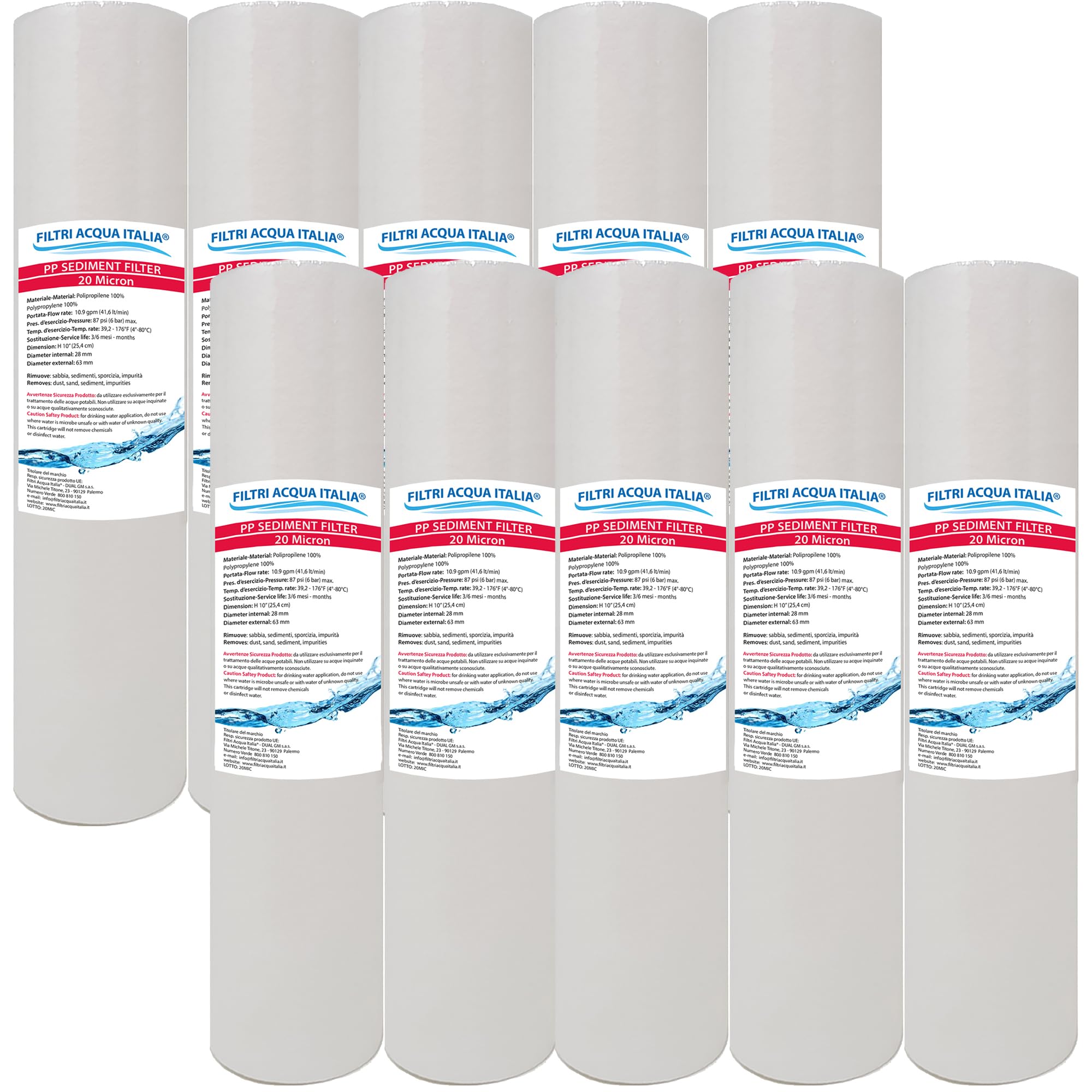 Cartuccia Filtro Acqua Polipropilene Sedimenti 10 Pollici Mic 20 Set 10 Pz.